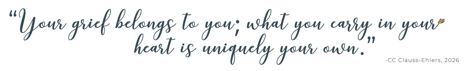 Inspirational quote in cursive font with a small leaf graphic, attributed to CC Clauss-Ehlers, 2026.