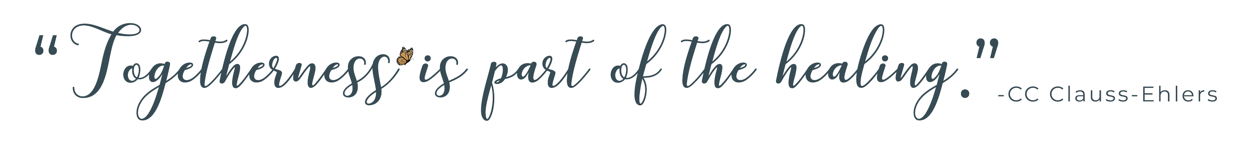 Quote text on a black background: 'Togetherness is part of the healing.' attributed to CC Clauss-Ehlers, with decorative cursive font and a small bee icon.