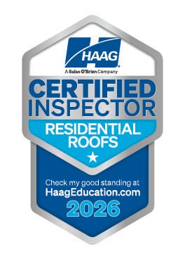 Badge for certified inspector of residential roofs from Haag, dated 2026, with web address haageducation.com.