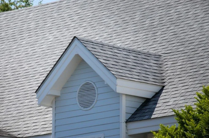 Close-up of a residential house's roof with gray shingles and a light blue gable with a round vent, partially surrounded by green shrubbery.