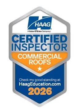 Haag Certified Inspector badge for commercial roofs, 2026, with the Haag logo and website HaagEducation.com.