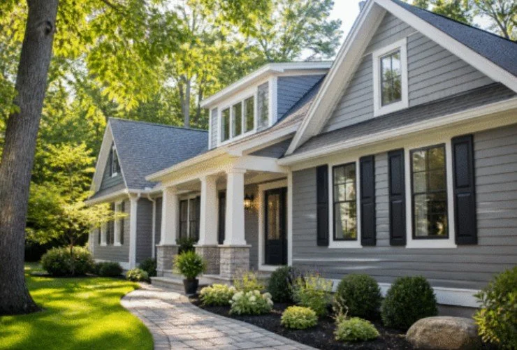 Front view of a modern gray house with black shutters, white porch columns, and landscaped garden with trees and bushes.