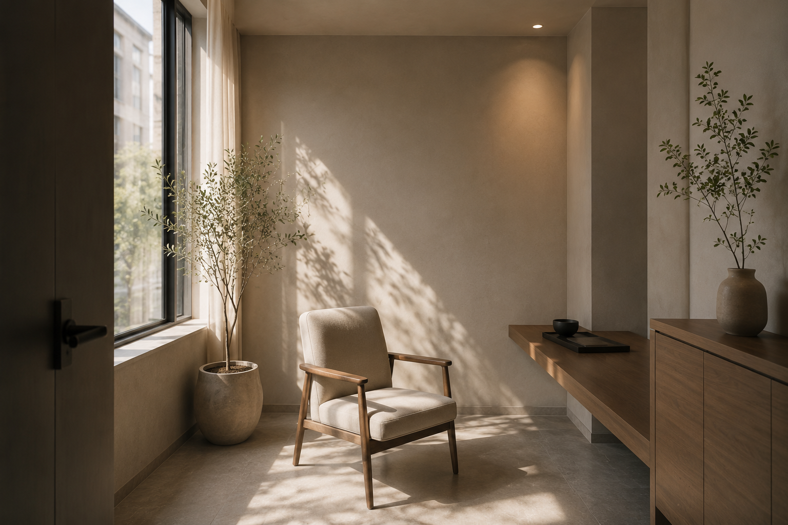 Minimalist interior with a beige armchair near a large window with sunlight and shadows, tall potted plant, and a wooden cabinet with a black bowl and vase with green branches.