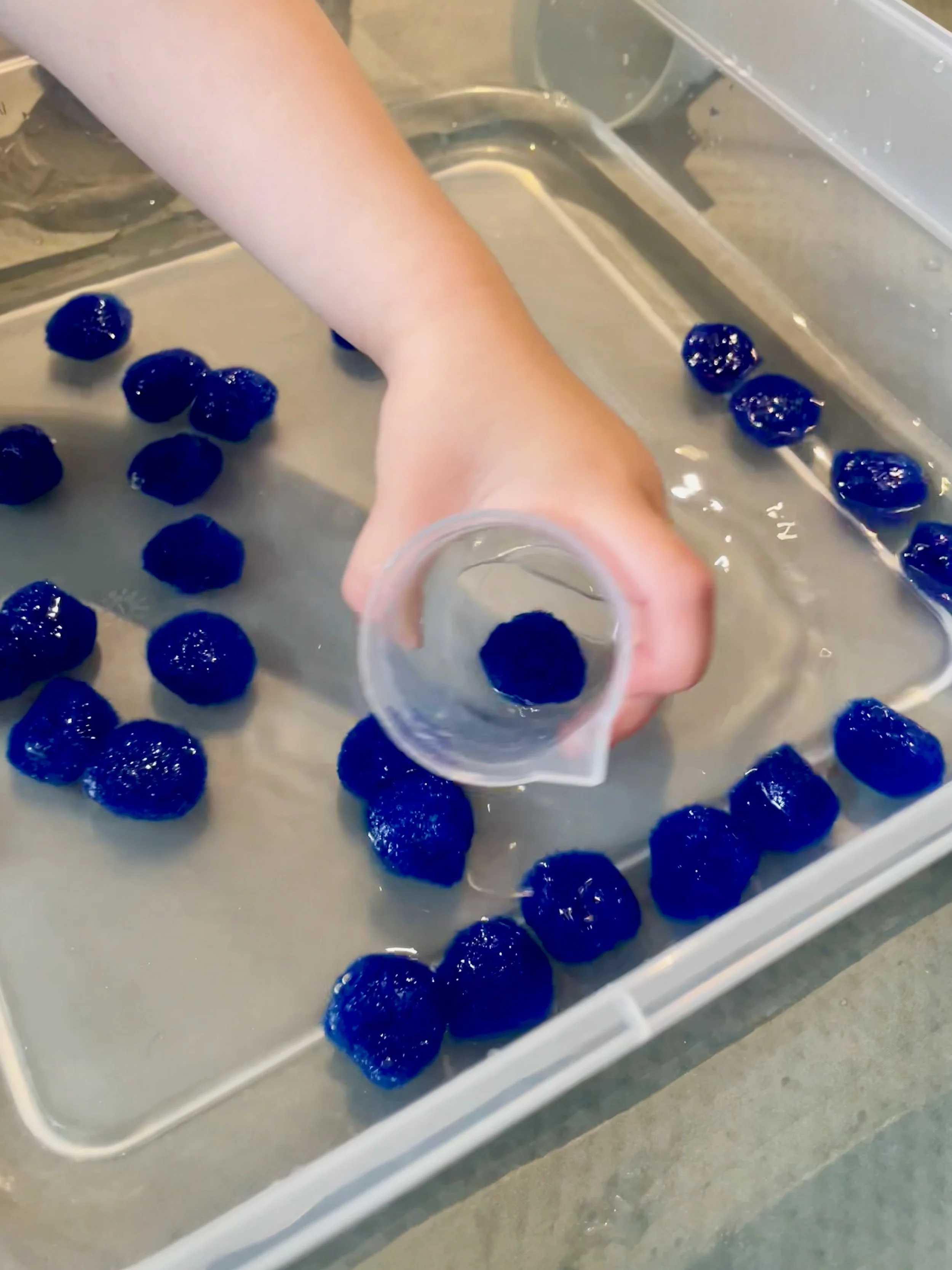 Toddler scooping a cup of water with blue pom poms in a sensory bin.