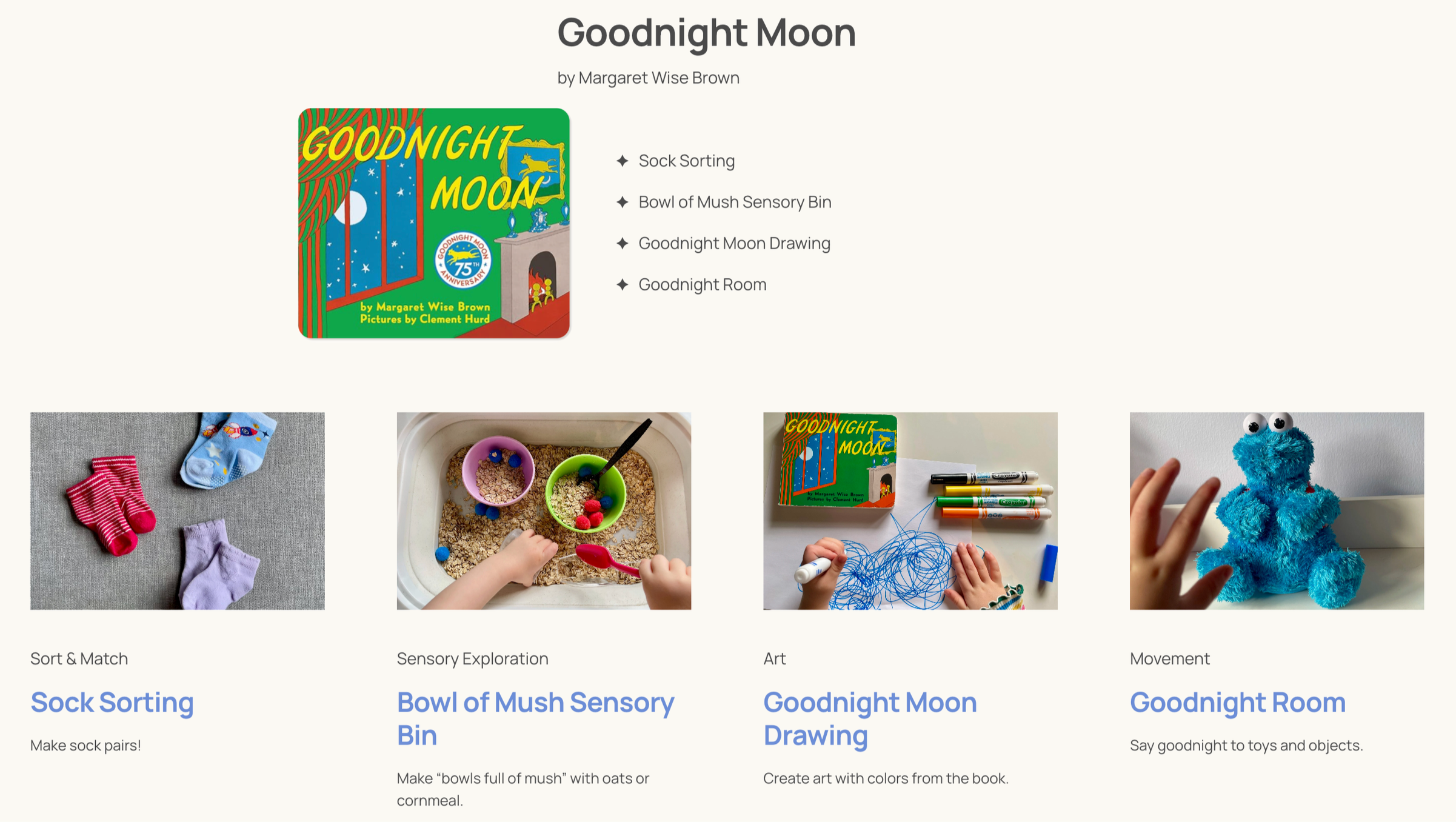 Book cover of 'Goodnight Moon', a colorful illustration of a moon and stars outside a window, with a fireplace and a blue plush toy bear. To the right, a list of activities including sock sorting, a bowl of mush sensory bin, a drawing of 'Goodnight Moon', and a goodnight room.