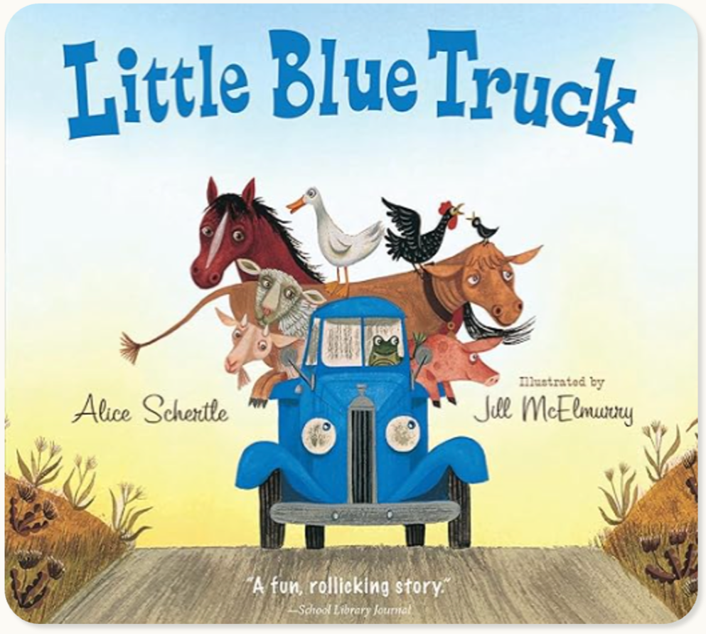 Book cover of 'Little Blue Truck,' featuring a blue truck with various animals riding on top, including a horse, goose, chicken, crow, sheep, pig, and frog, with a rural background.