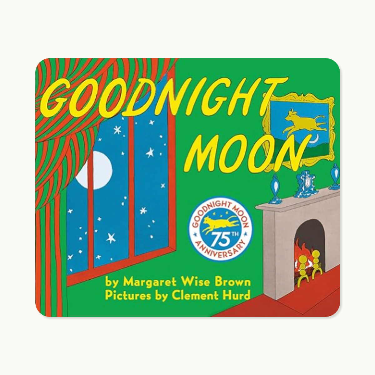 Book cover titled "Goodnight Moon" with a blue window showing a night sky, a fireplace with a fire, and decorative items on a mantel.