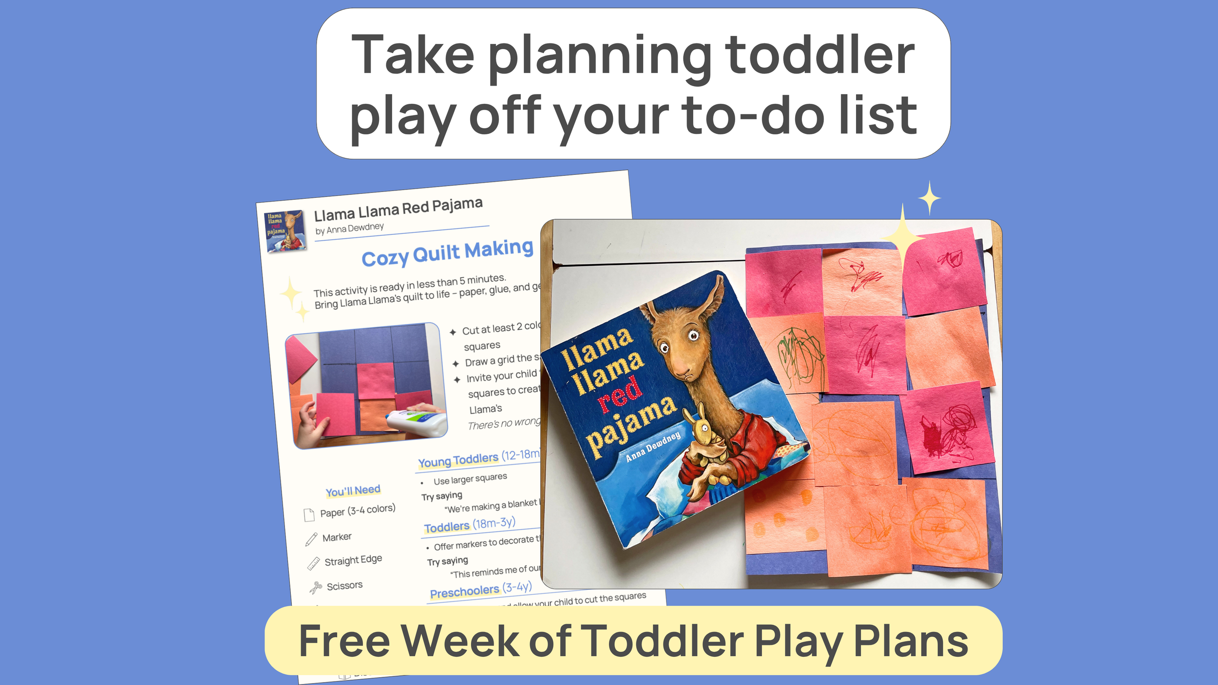 Free Toddler Play Plans with a picture of  a paper quilt and the book Llama Llama Red Pajama