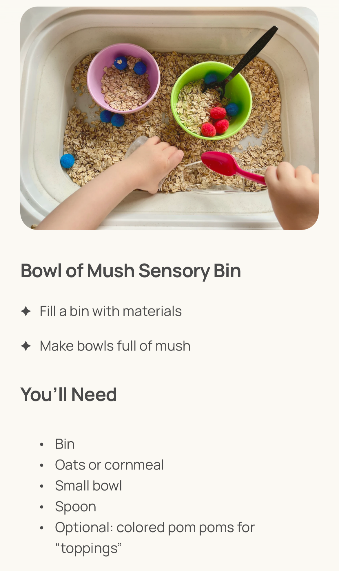 Children's hands filling a plastic bin with oats or cornmeal, with colorful bowls of oats and pom poms nearby.