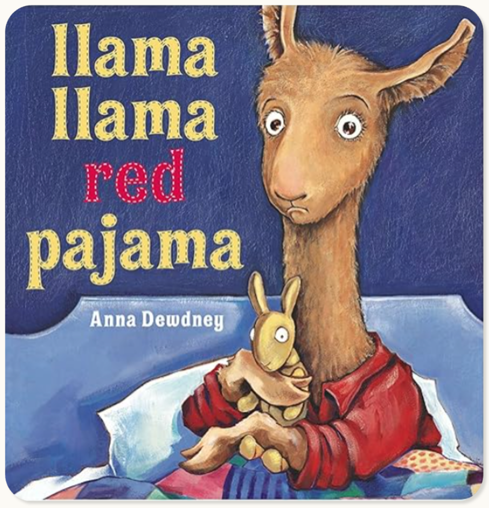 Cover of a children's book titled 'Llama Llama Red Pajama' by Anna Dewdney, featuring an illustrated llama with wide eyes, wearing red pajamas, sitting on a bed while holding a small yellow bunny toy.