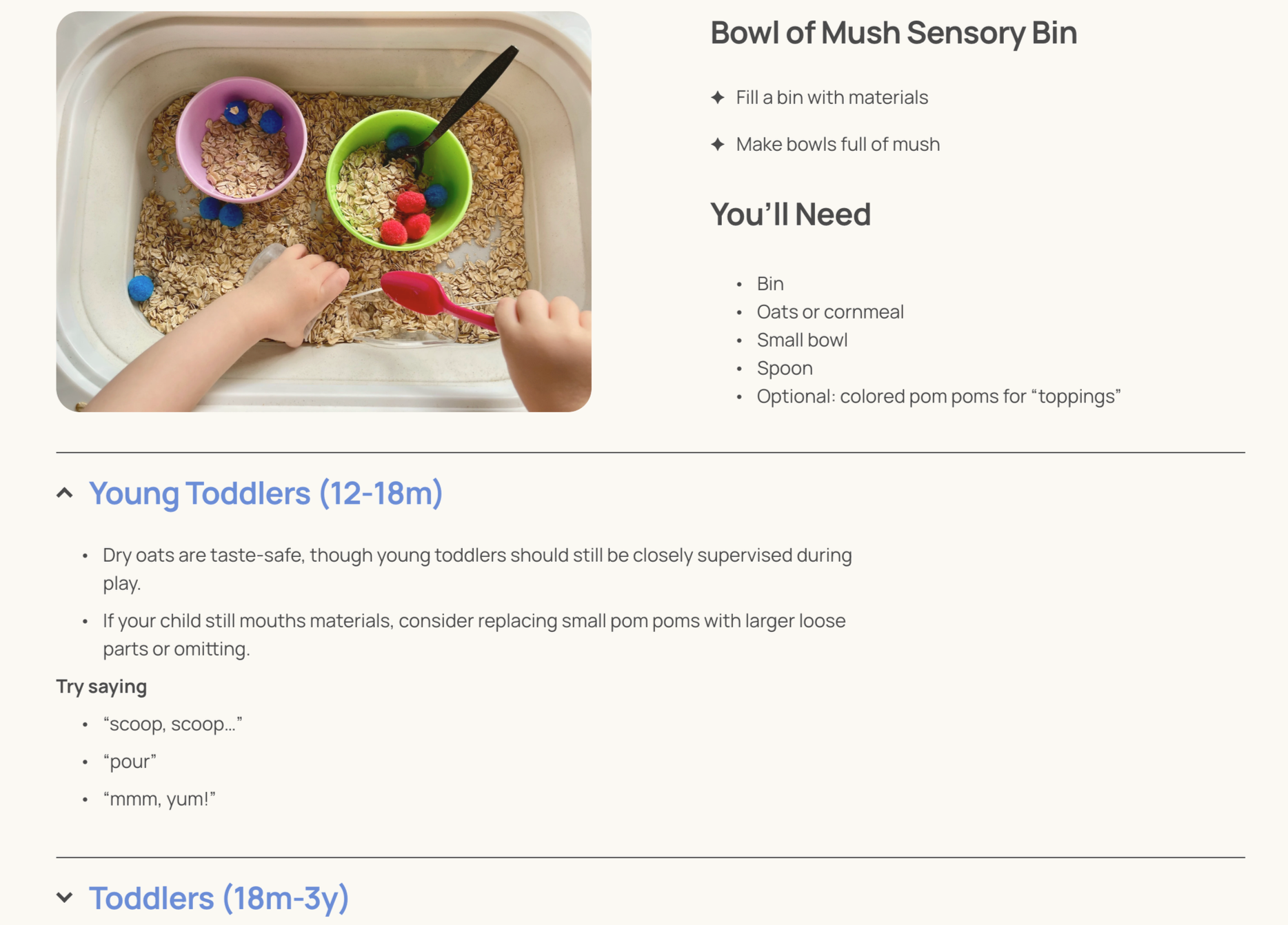 Child's hands scooping oats into a small pink bowl with small colorful pom-poms inside, inside a sensory bin filled with dry oats. There are also green and pink bowls with pom-poms and a black spoon in the bin.