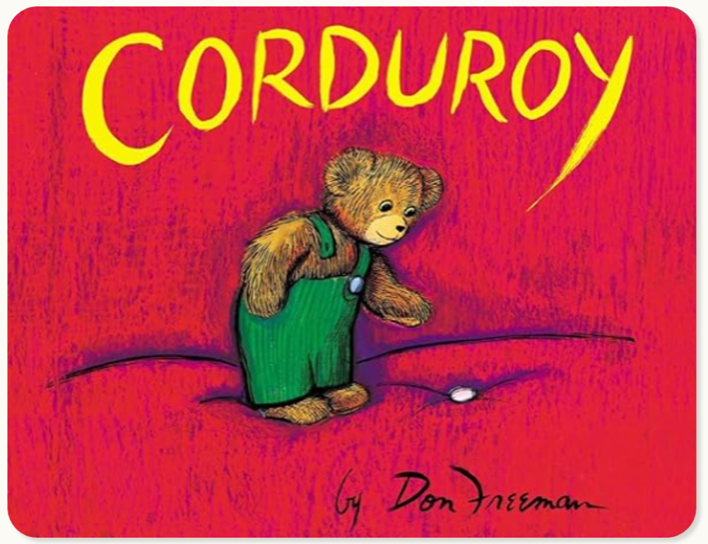 Children's book cover titled "Corduroy" featuring an illustrated teddy bear in green overalls standing on a red background.