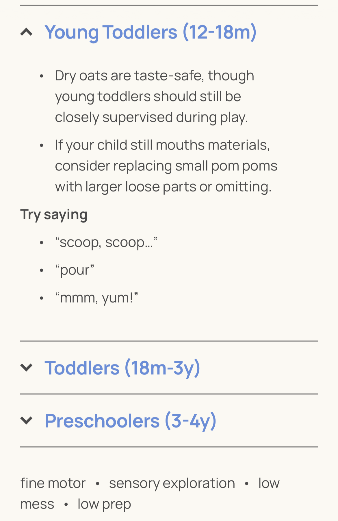 Part of a childcare guide or menu listing recommendations for young toddlers aged 12-18 months, including notes on taste safety and speech practice ideas.