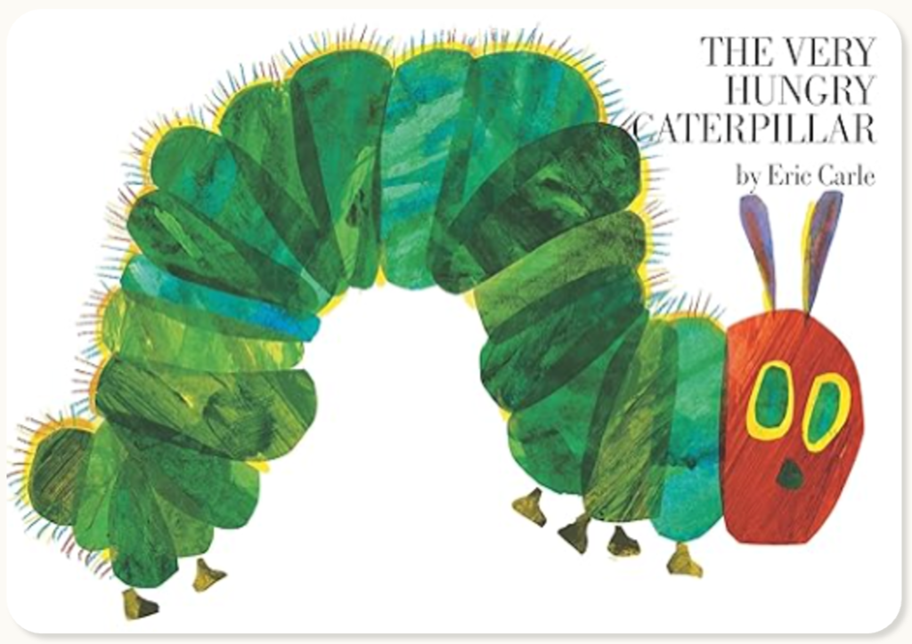 Illustration of a green caterpillar with a red head featuring big yellow eyes, from the book "The Very Hungry Caterpillar" by Eric Carle.
