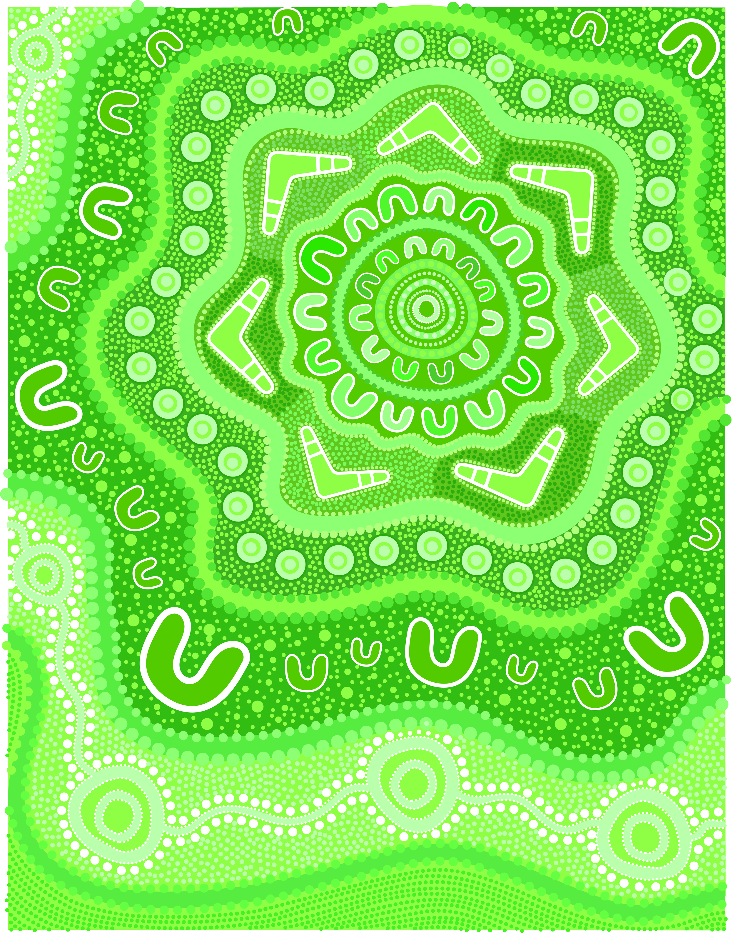 A vibrant, abstract, green artwork with circular and wavy patterns, dotted textures, and white line accents, resembling a intricate mandala or kaleidoscopic design.