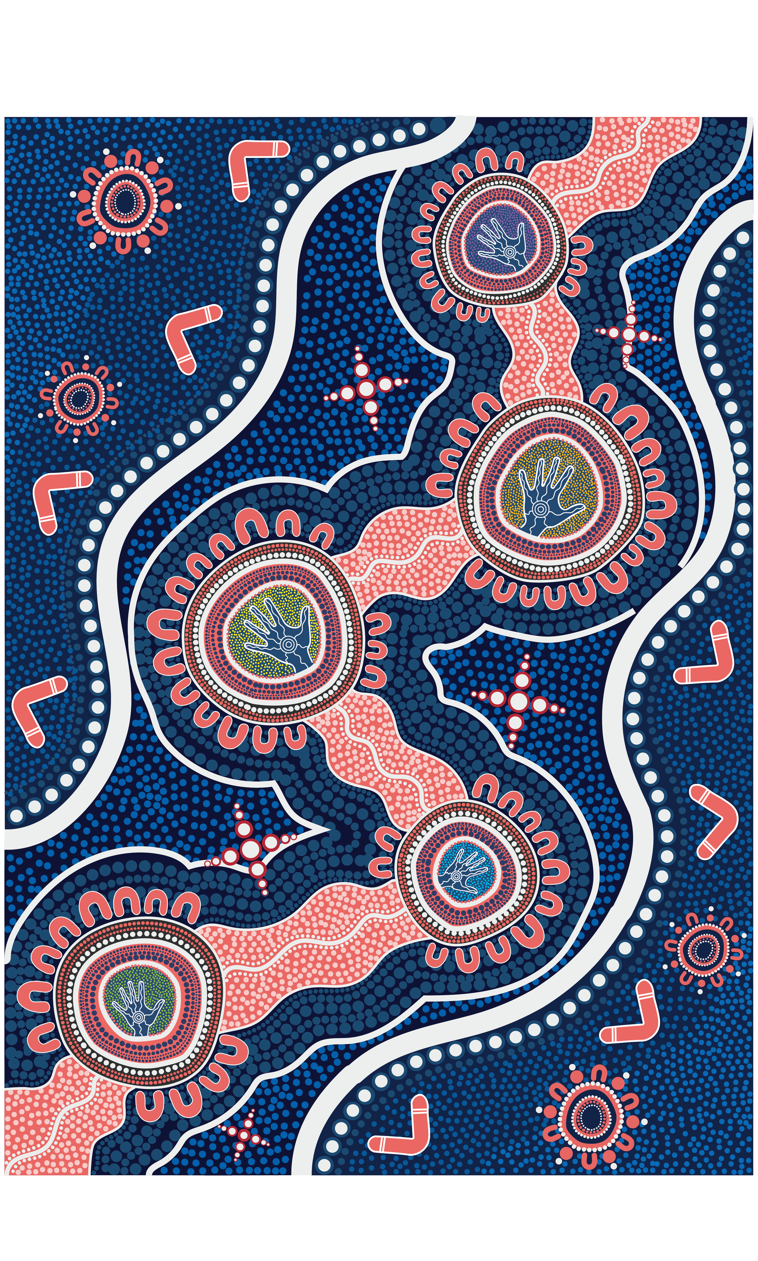 An artistic depiction of microscopic organisms and cells, featuring circular cell structures with detailed internal components, background filled with tiny dots, and various abstract shapes resembling bacteria or viruses in red, pink, yellow, and blue colors.