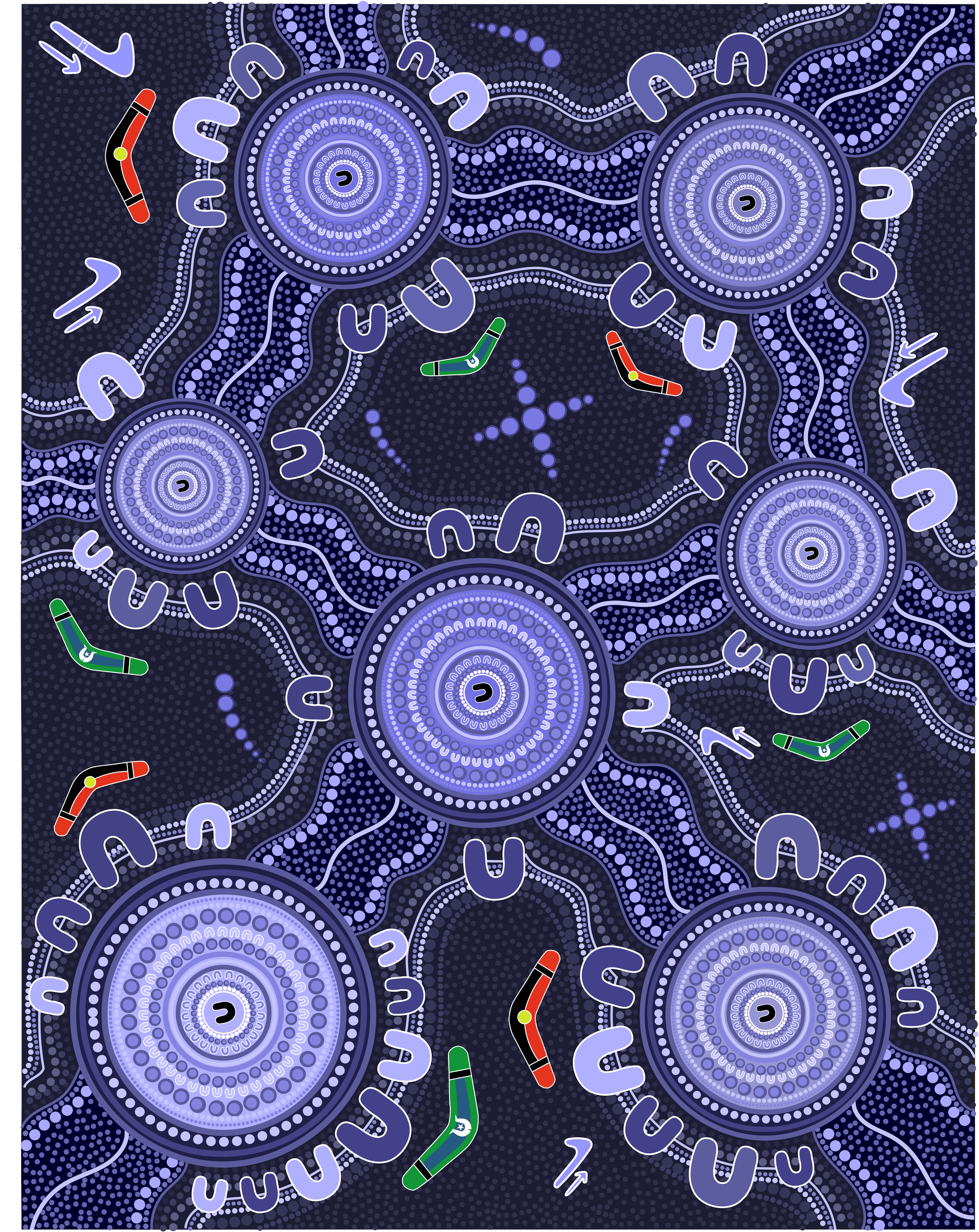 Australian Aboriginal dot painting featuring concentric circles, wavy lines, horseshoes, and lucky charms in purple, white, green, red, black, and yellow colors.