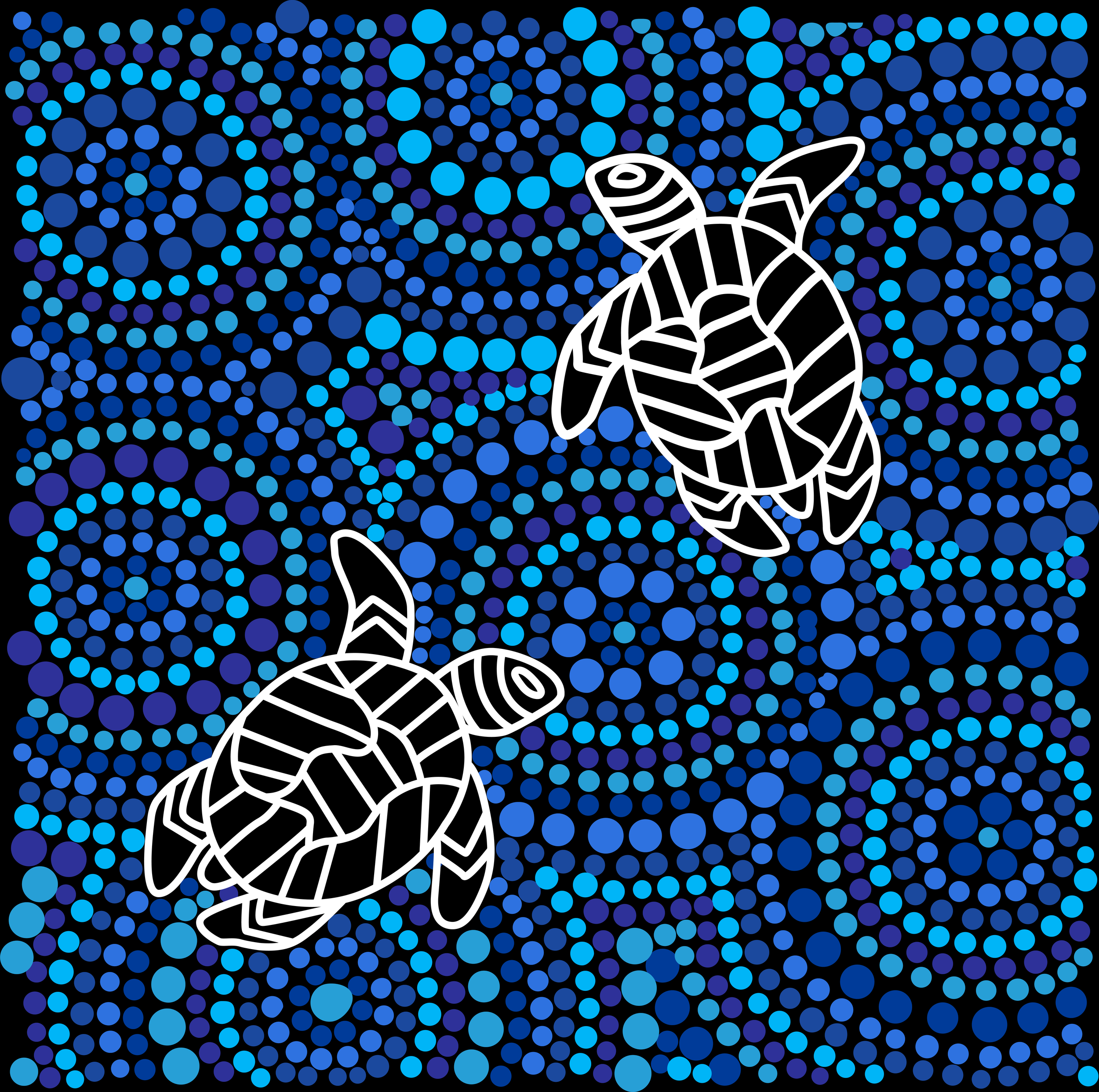 An artistic digital illustration of a seahorse outline filled with striped patterns, set against a vibrant background of varying shades of blue and purple dots.