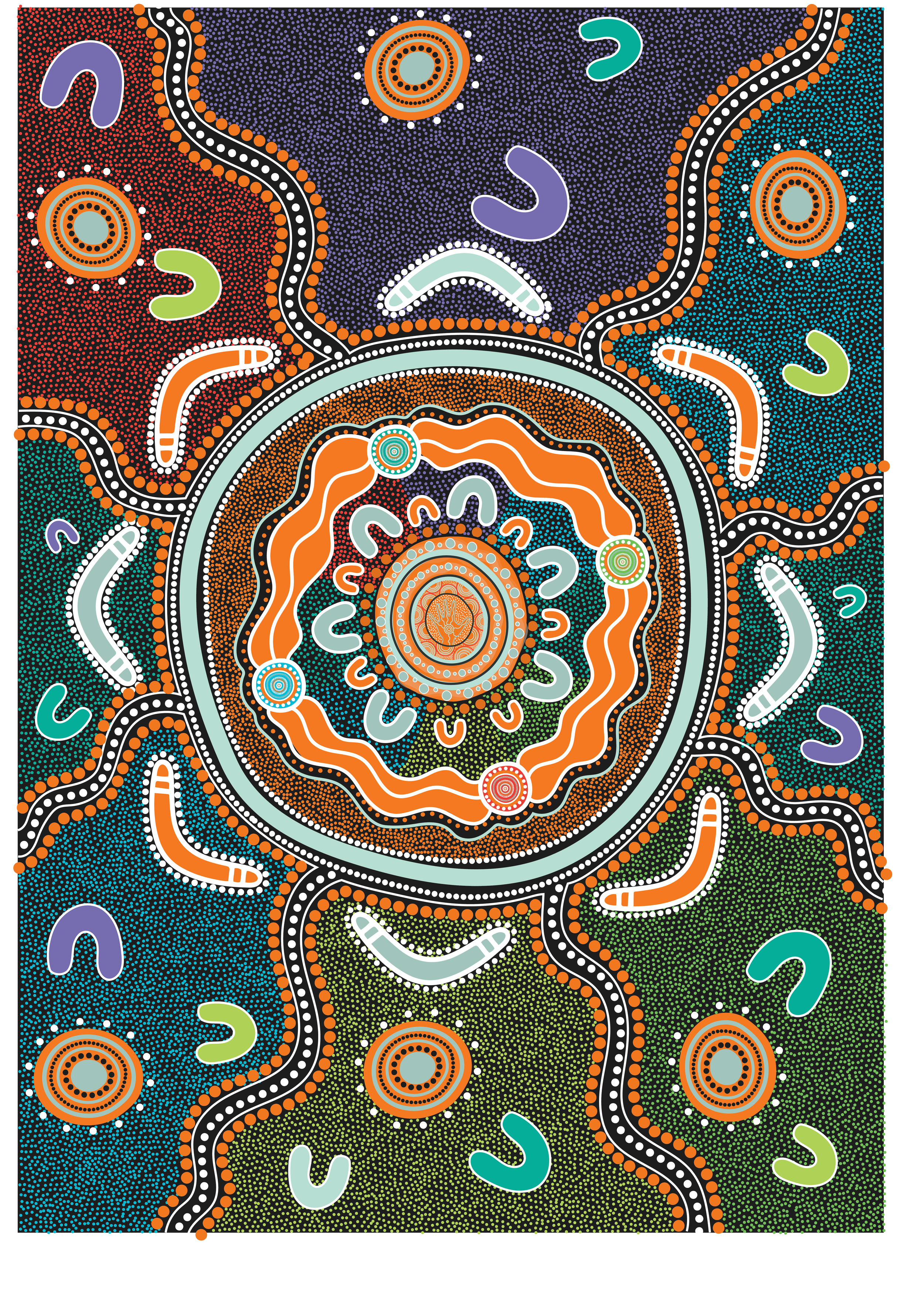 A colorful abstract painting with concentric circles, wavy lines, and various geometric shapes in orange, white, purple, green, blue, and black, resembling Indigenous Australian dot painting styles.
