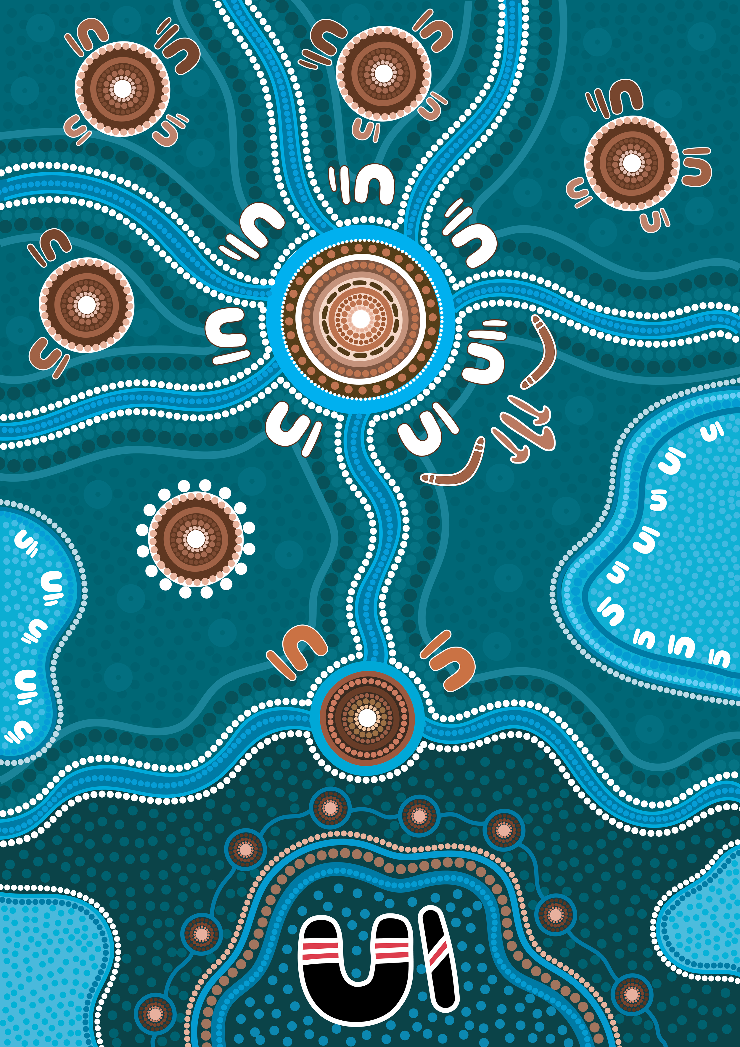 Aboriginal style artwork featuring a pathway, surrounded by curves and circular patterns, with a pair of feet at the bottom wearing sneakers with red, white, and black stripes.