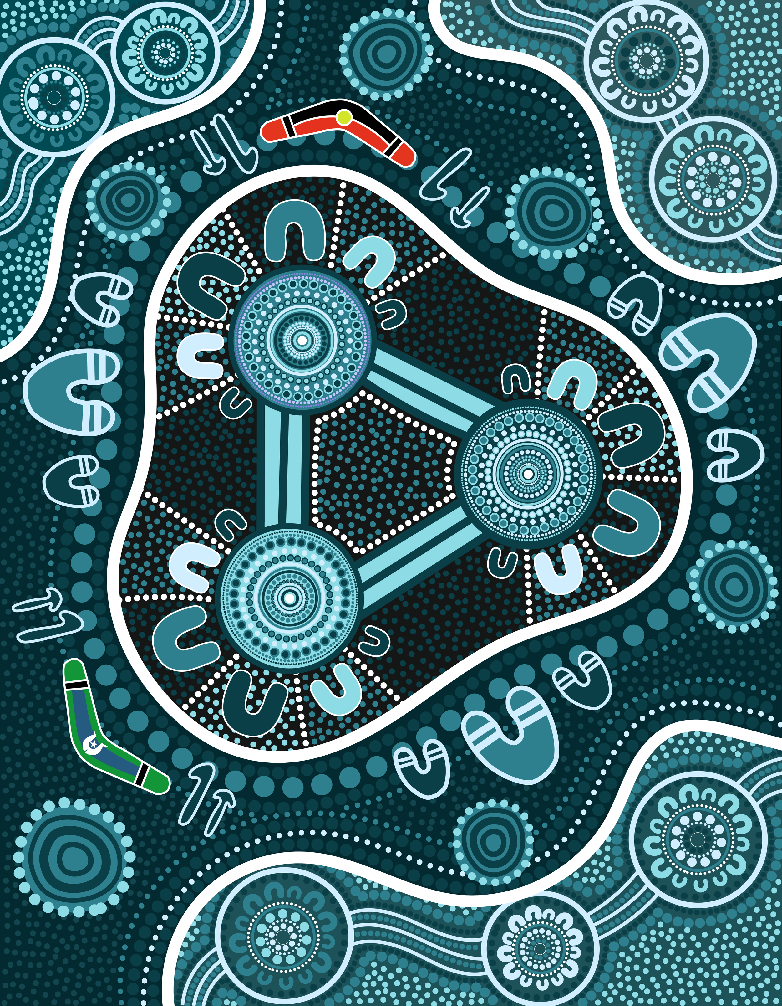 A colorful abstract illustration of a DNA double helix structure with circular and dotted patterns, set against a dark teal background, incorporating elements resembling cellular or molecular imagery.