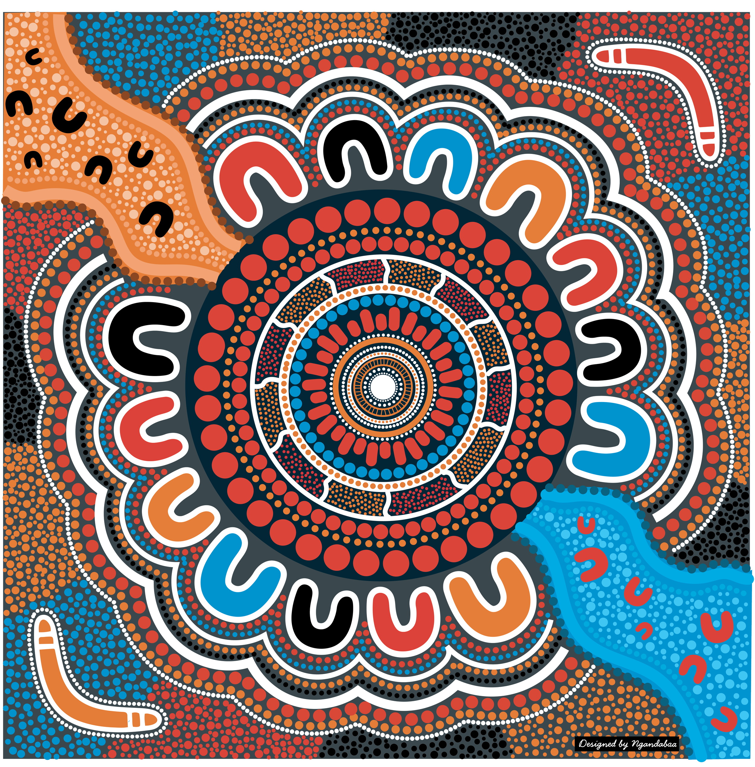 A colorful dot painting or mosaic with concentric circles, question marks, and dollar signs in various colors including orange, red, blue, black, and white. It features intricate patterns and is signed 'Designed by Ngandabaa' in the bottom right corn