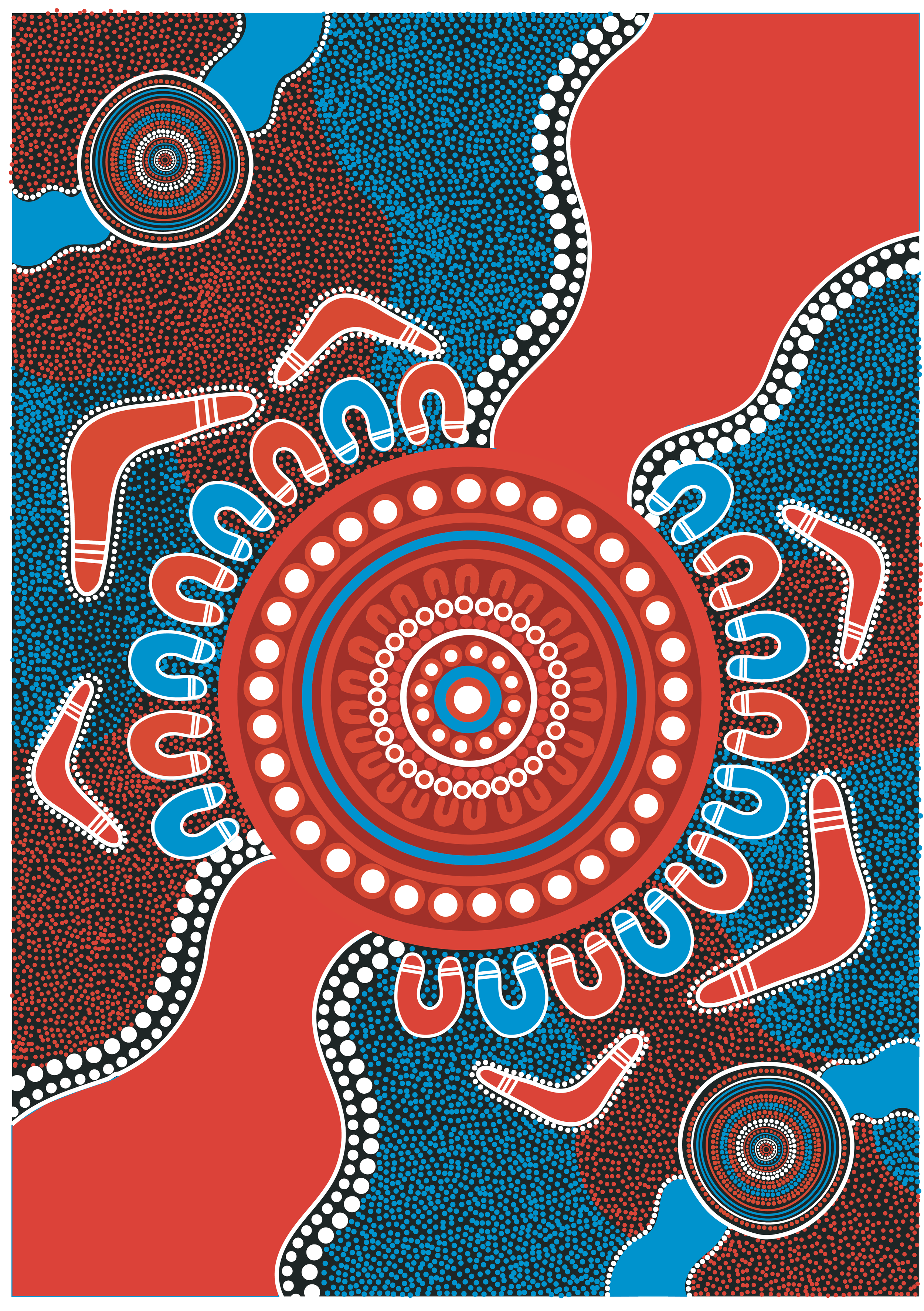 Aboriginal dot art featuring concentric circles, snakes, and human figures in red, blue, black, and white colors, illustrating traditional storytelling and cultural symbols.