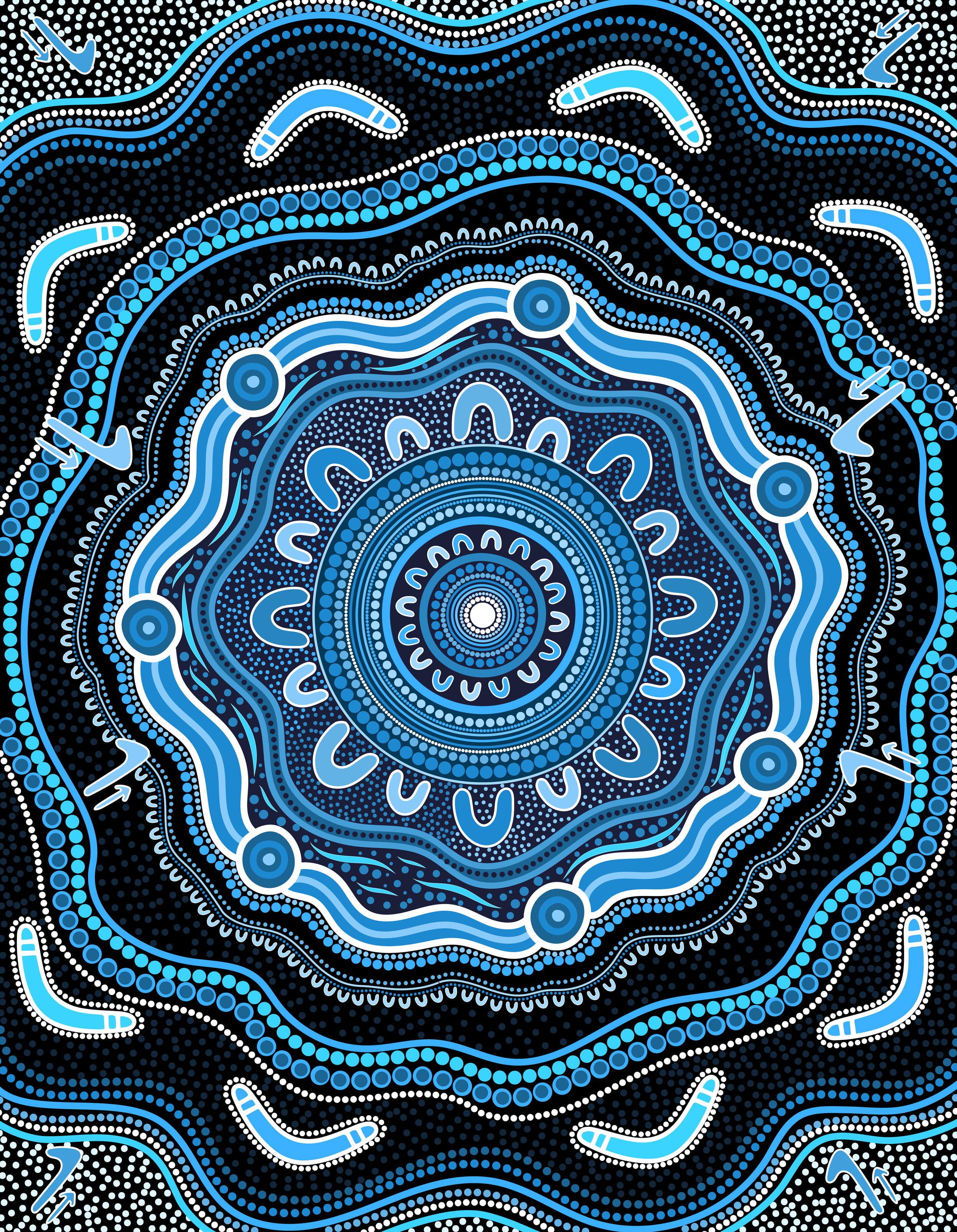 A vibrant, abstract pattern featuring concentric circles and wavy lines made of small dots and curved shapes in varying shades of blue and white, set against a black background.