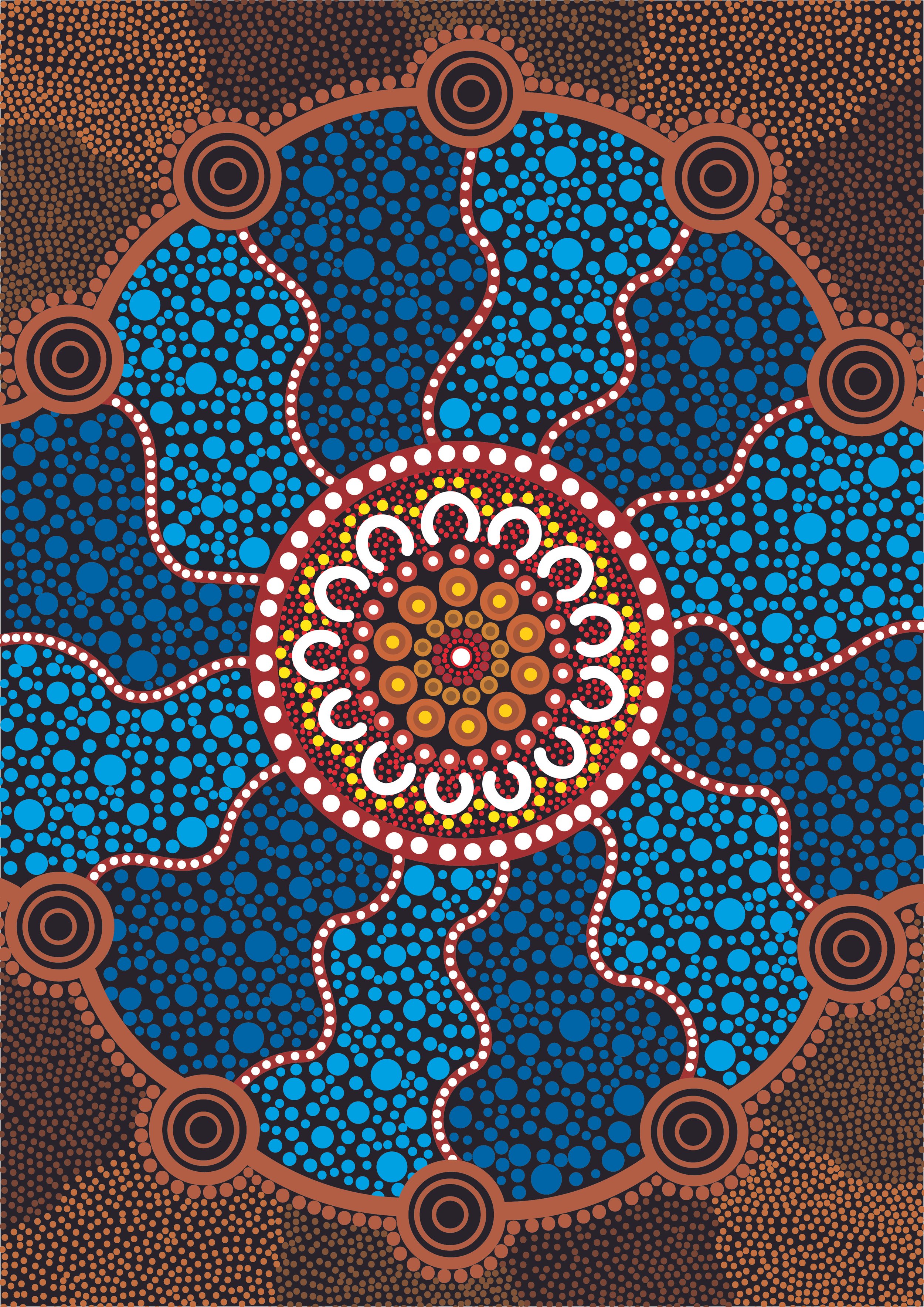 Aboriginal dot painting with concentric circles, wavy lines, and intricate patterns in shades of blue, red, orange, and black.
