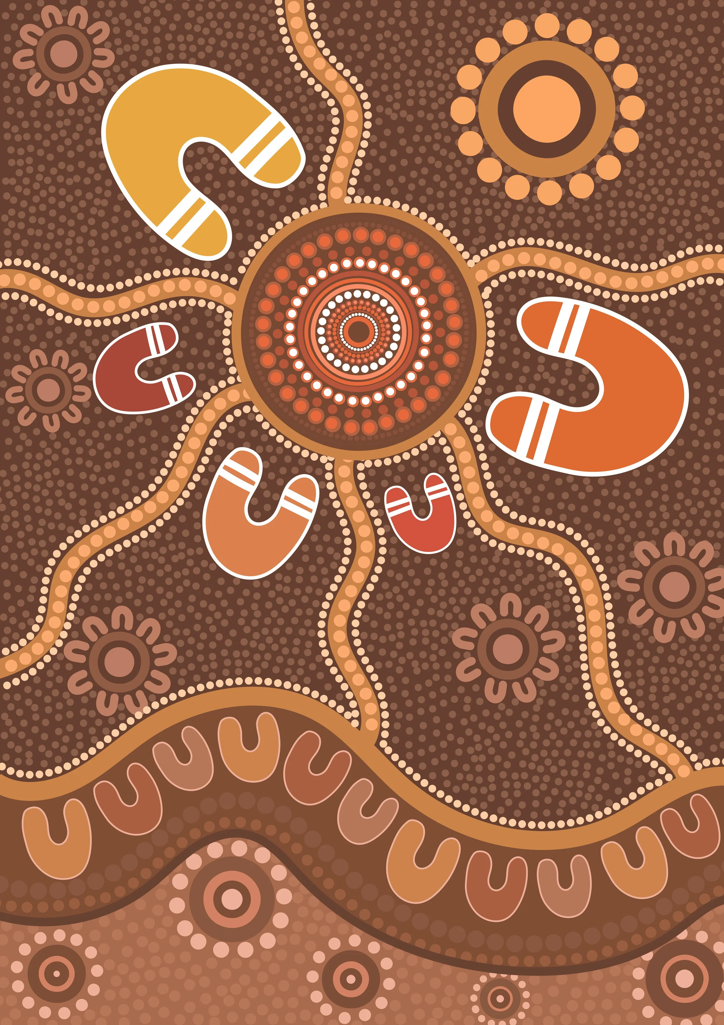 An abstract indigenous Australian dot painting artwork featuring concentric circles, wavy lines, and various geometric shapes in brown, orange, and beige tones.