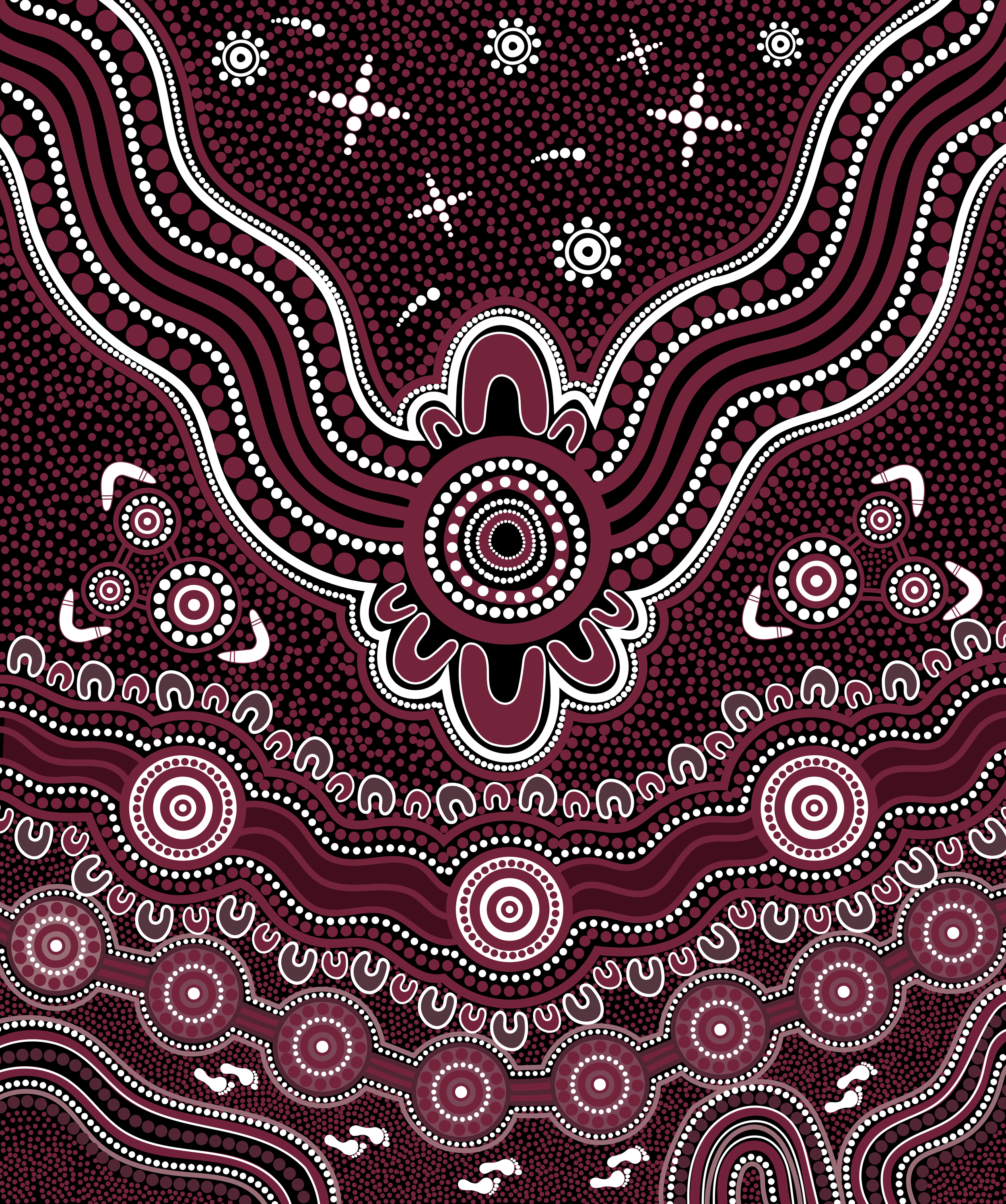 An Aboriginal-style artwork featuring intricate dot painting patterns in burgundy, black, and white with circular motifs, wavy lines, and star-like shapes.