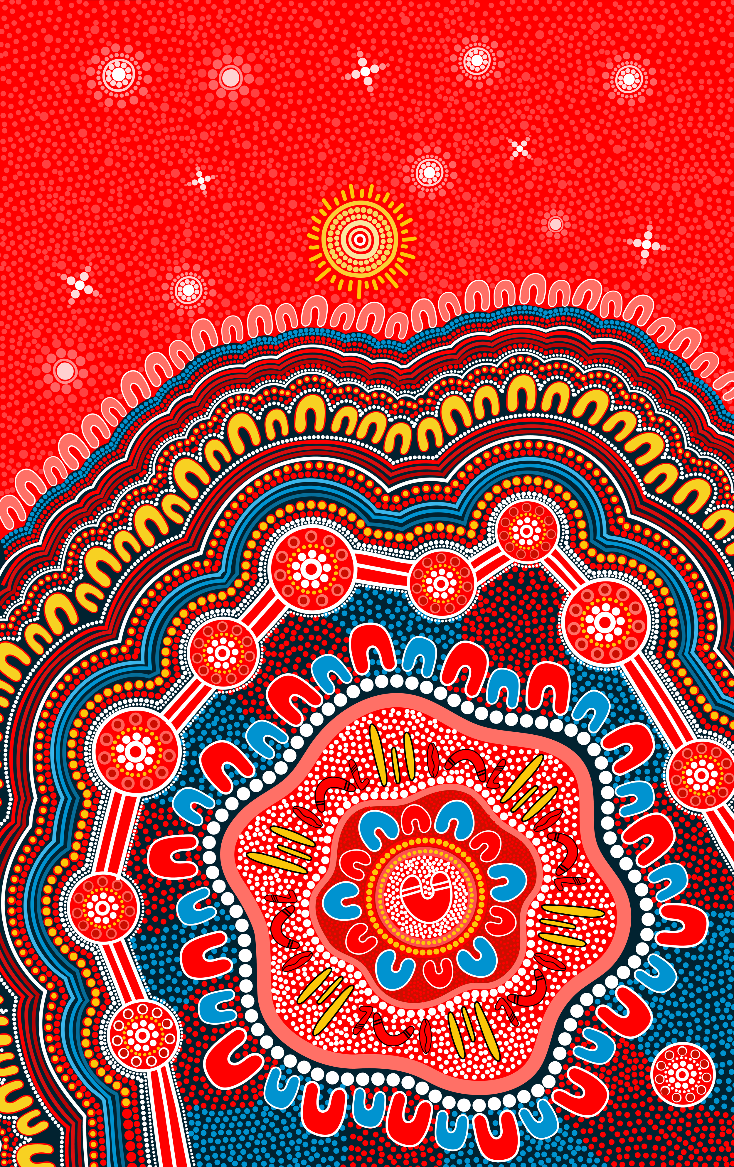 Abstract pattern resembling a vibrant, colorful mandala with concentric circles and intricate designs in red, yellow, blue, black, and white. There are decorative elements like dots, lines, and stylized shapes on a red background.
