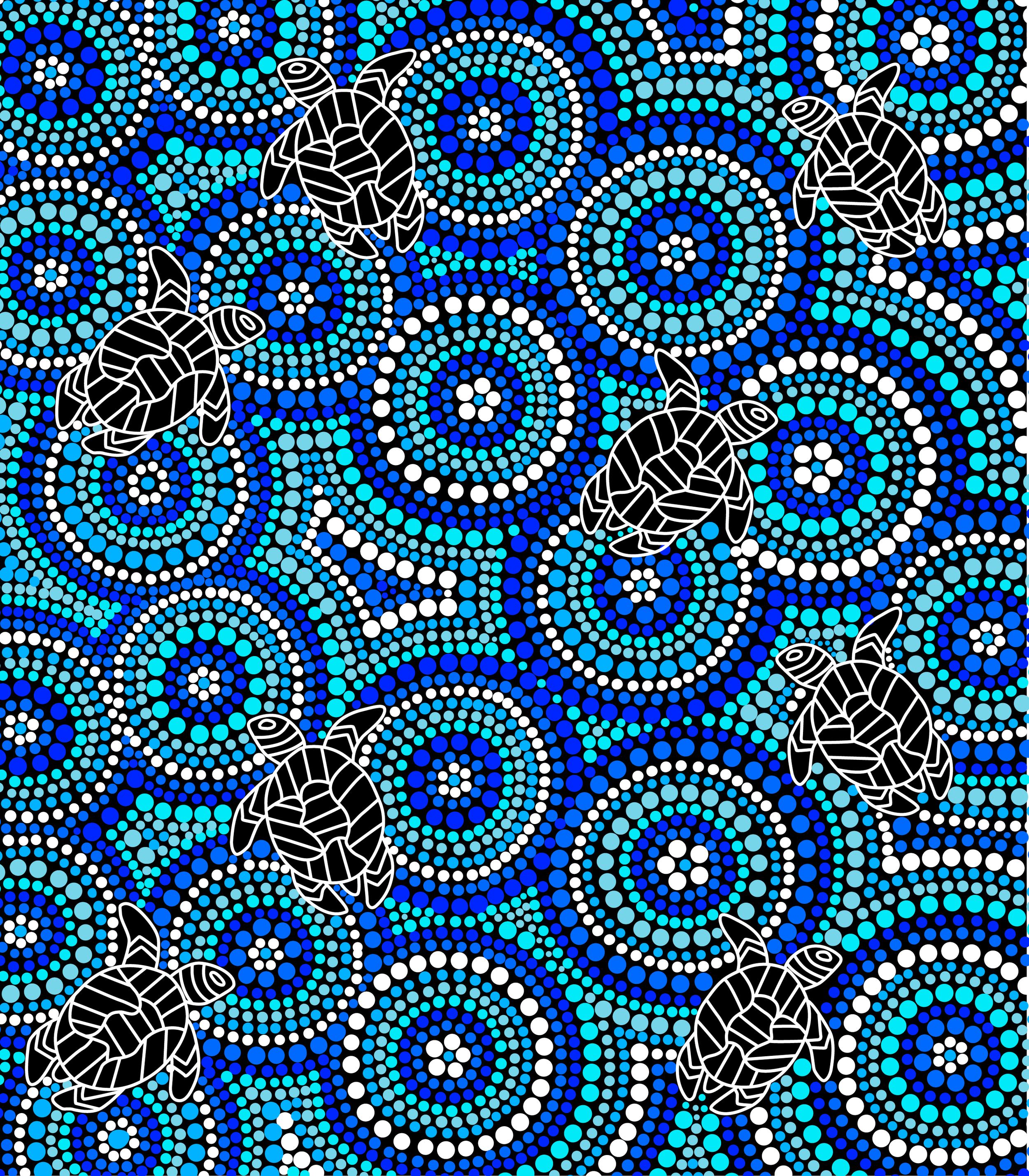 A colorful mosaic artwork featuring blue, black, white, and turquoise dots creating spiral and circular patterns, with outlined white illustrations of bees integrated into the design.