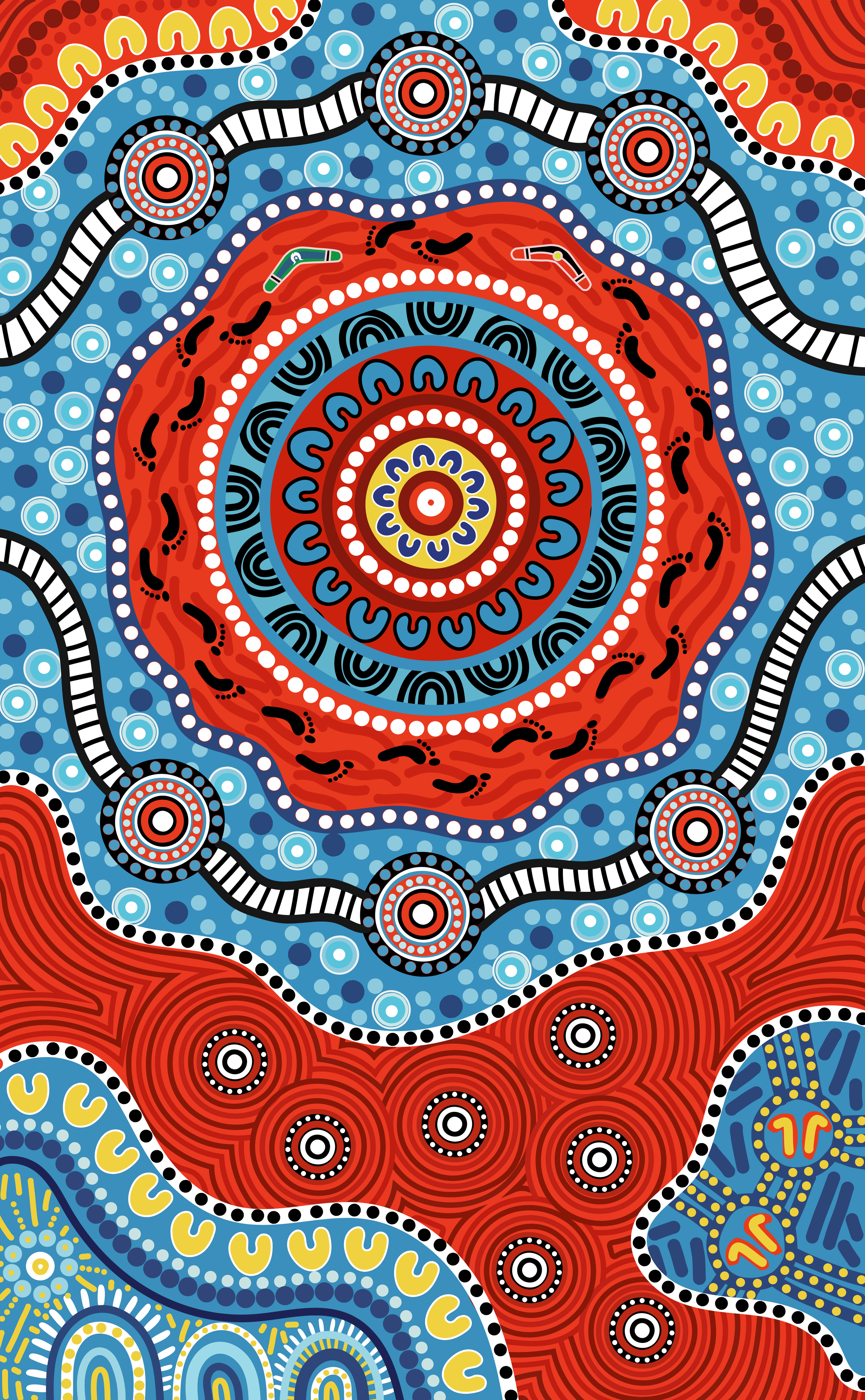 Abstract indigenous-style pattern with circular and spiral motifs in red, blue, black, yellow, and white colors.