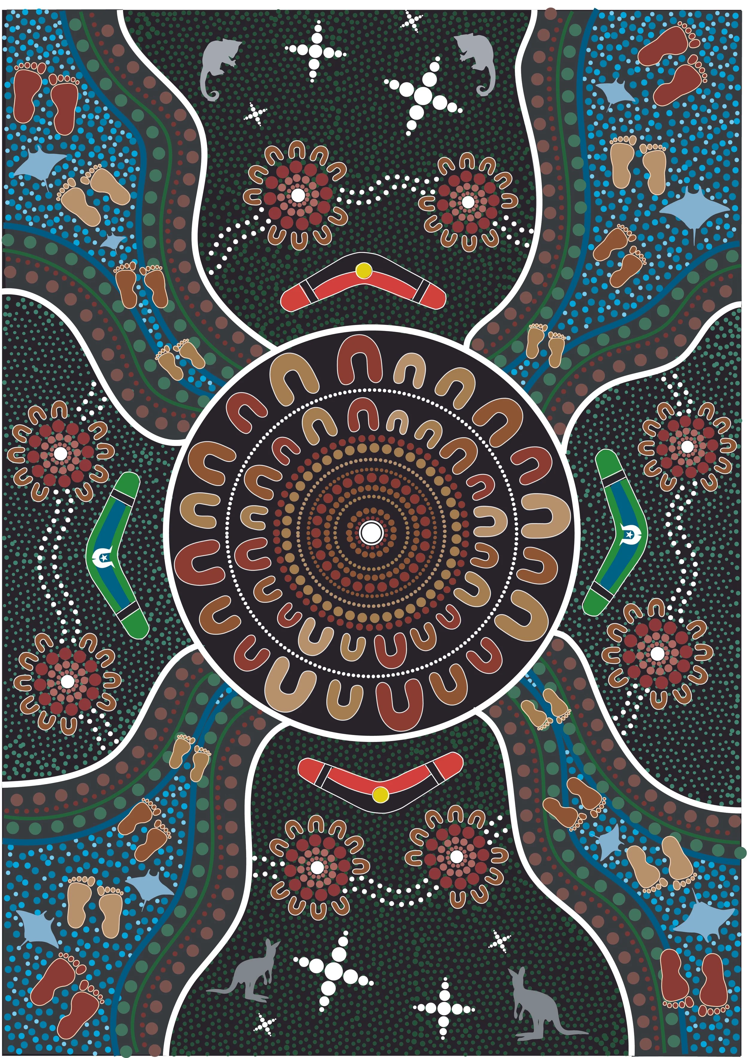 A traditional Indigenous dot painting featuring animals, plant motifs, and circular patterns with earthy colors, including black, brown, tan, green, blue, and white.