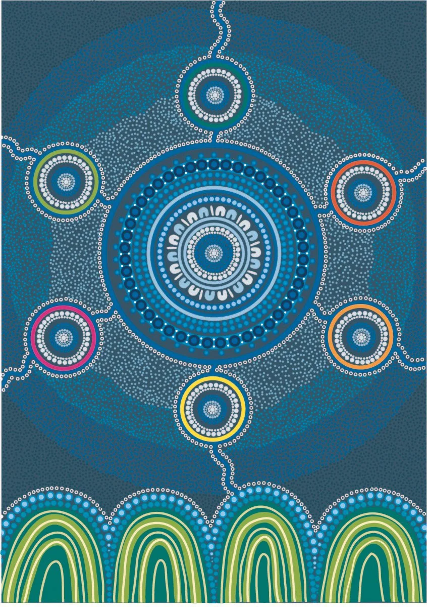 Abstract pattern with concentric circles and dotted designs in blue, white, green, pink, orange, and yellow, resembling a mandala or spiritual artwork.