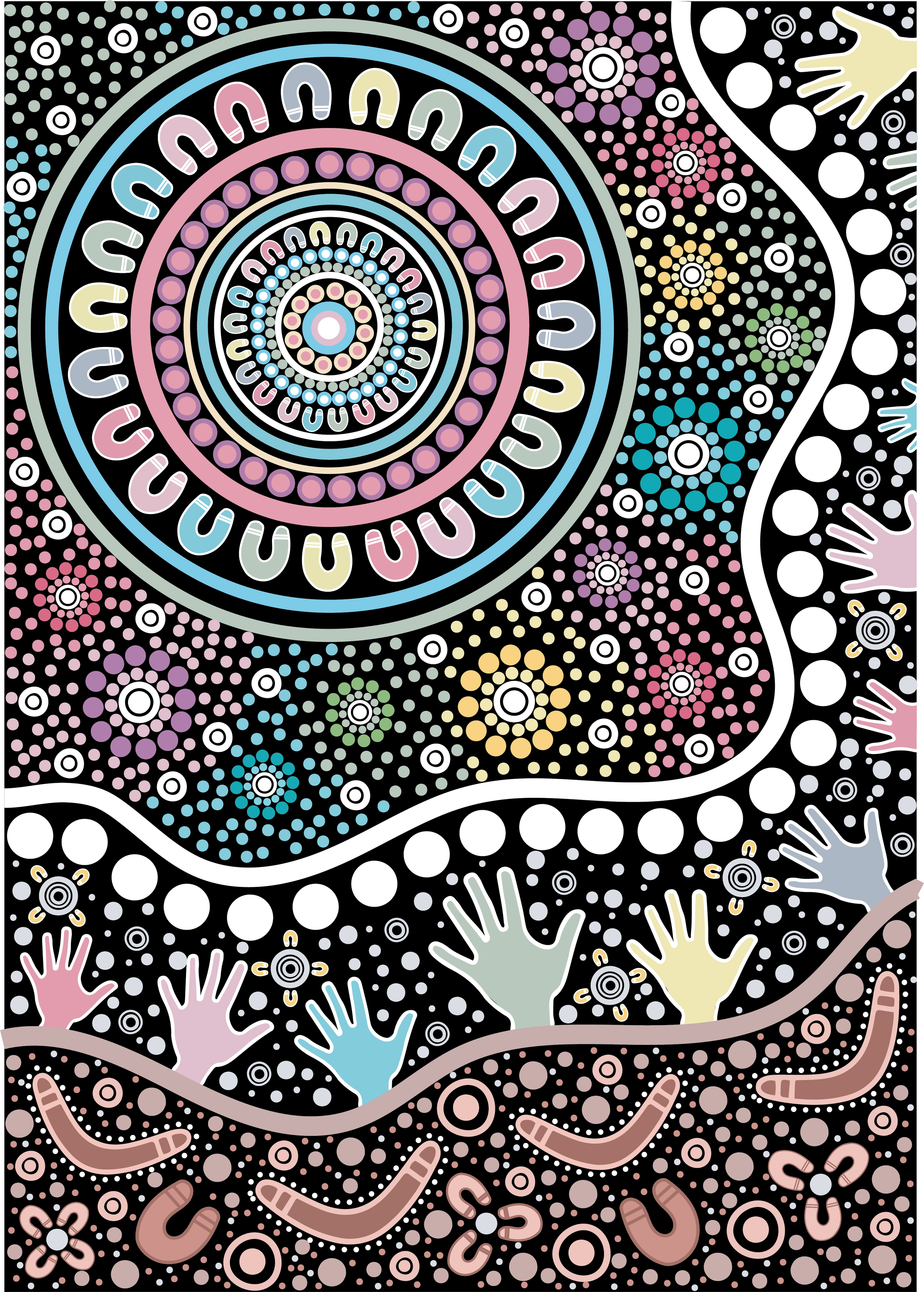 Abstract illustration featuring colorful concentric circles, various hand symbols, numerous microorganisms, and decorative patterns on a black background.