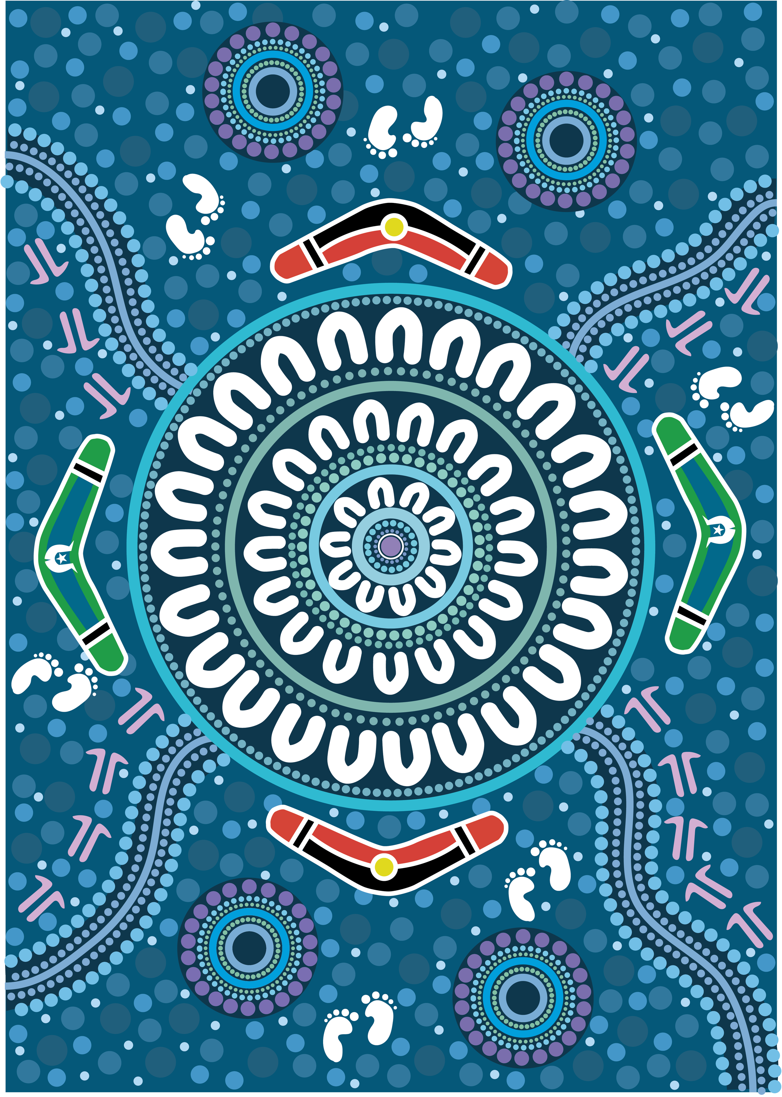 A colorful Aboriginal Australian dot painting featuring concentric circles, boomerangs, and stylized footprints on a blue background.