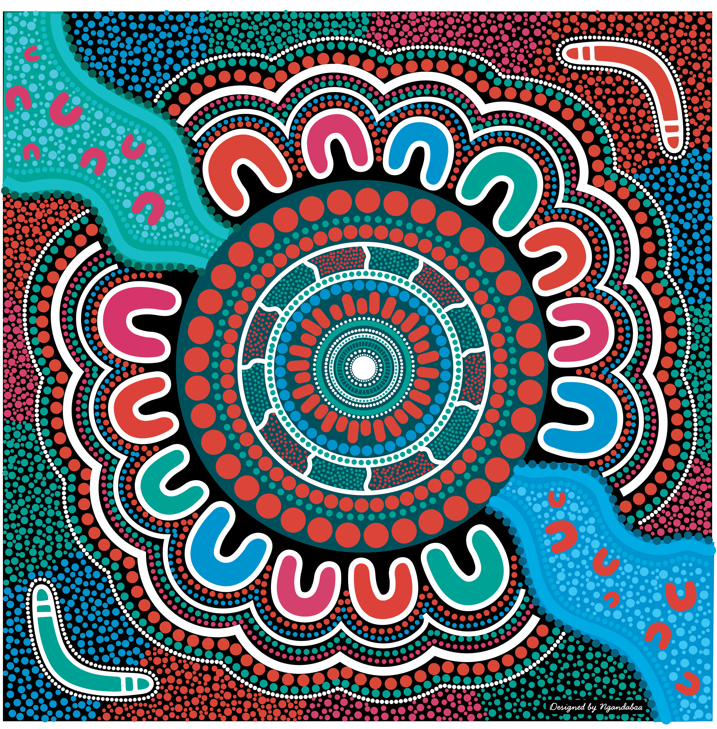 An abstract circular design with vibrant dots and swirling patterns in red, blue, pink, teal, black, and white, featuring question marks and dollar signs.