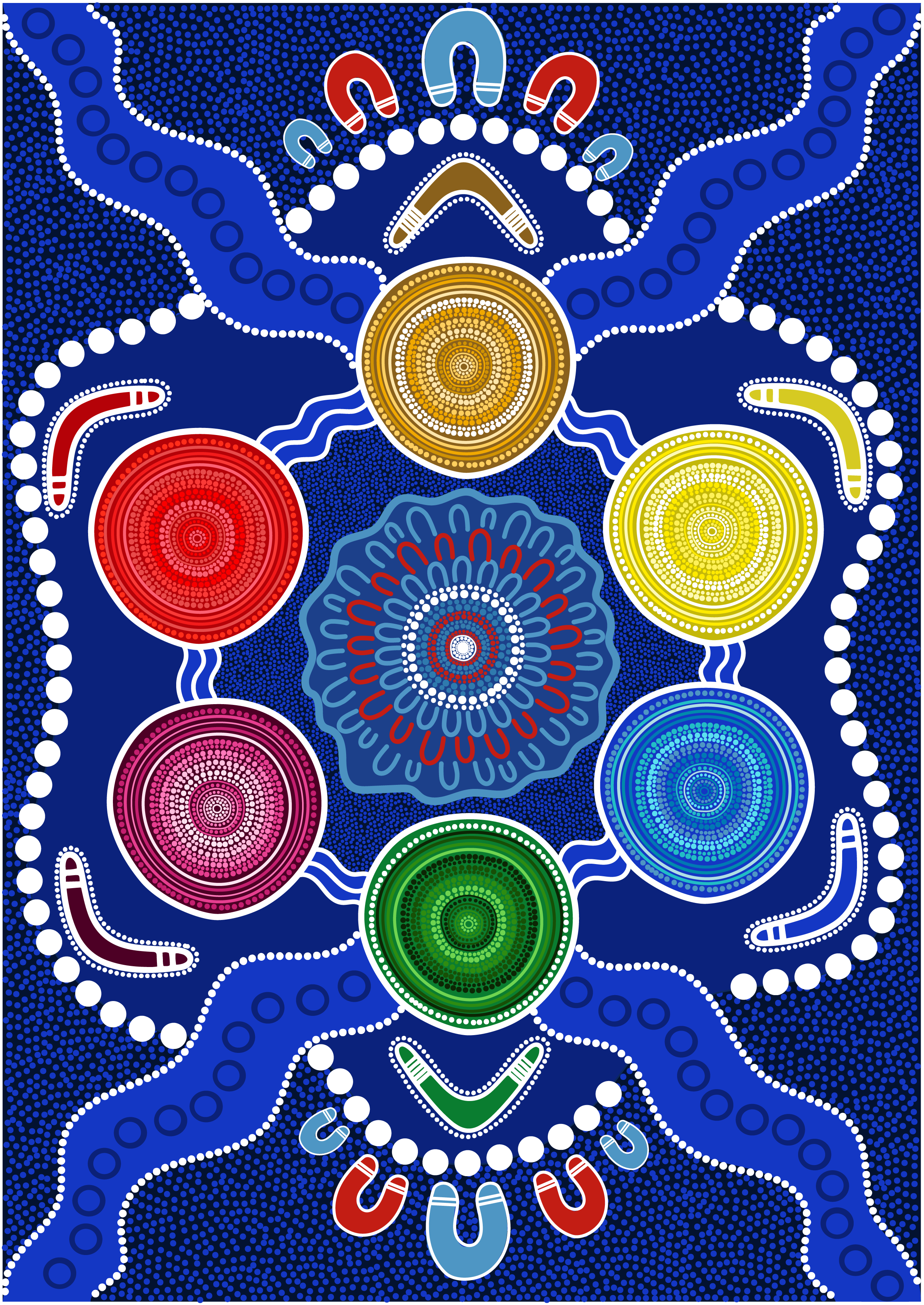 Colorful aboriginal dot painting featuring circular patterns with snake-like shapes, dotted lines, and guitar pick symbols, primarily in blue, red, yellow, green, and white colors.