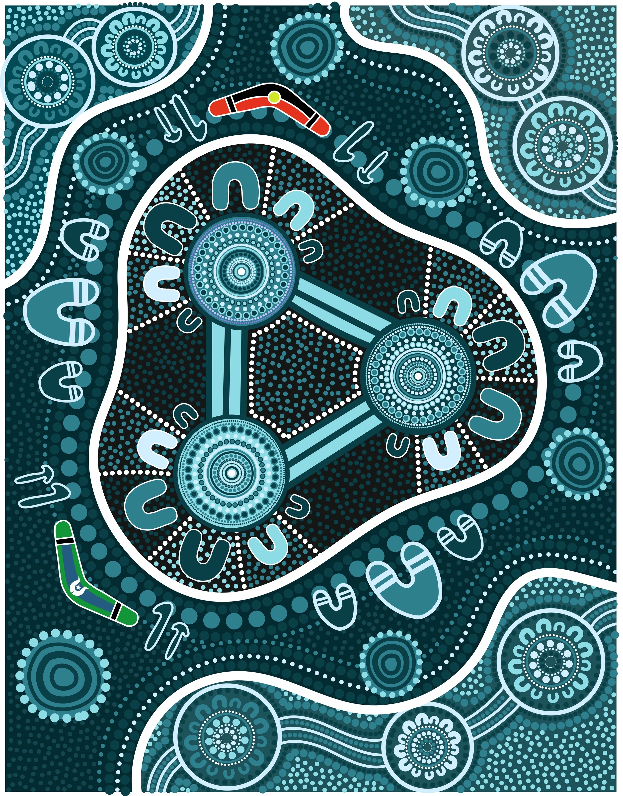 A colorful tribal-style digital painting of a human brain made of intricate circular patterns and dots, with a green and black striped scuba diving mask in the lower left corner.