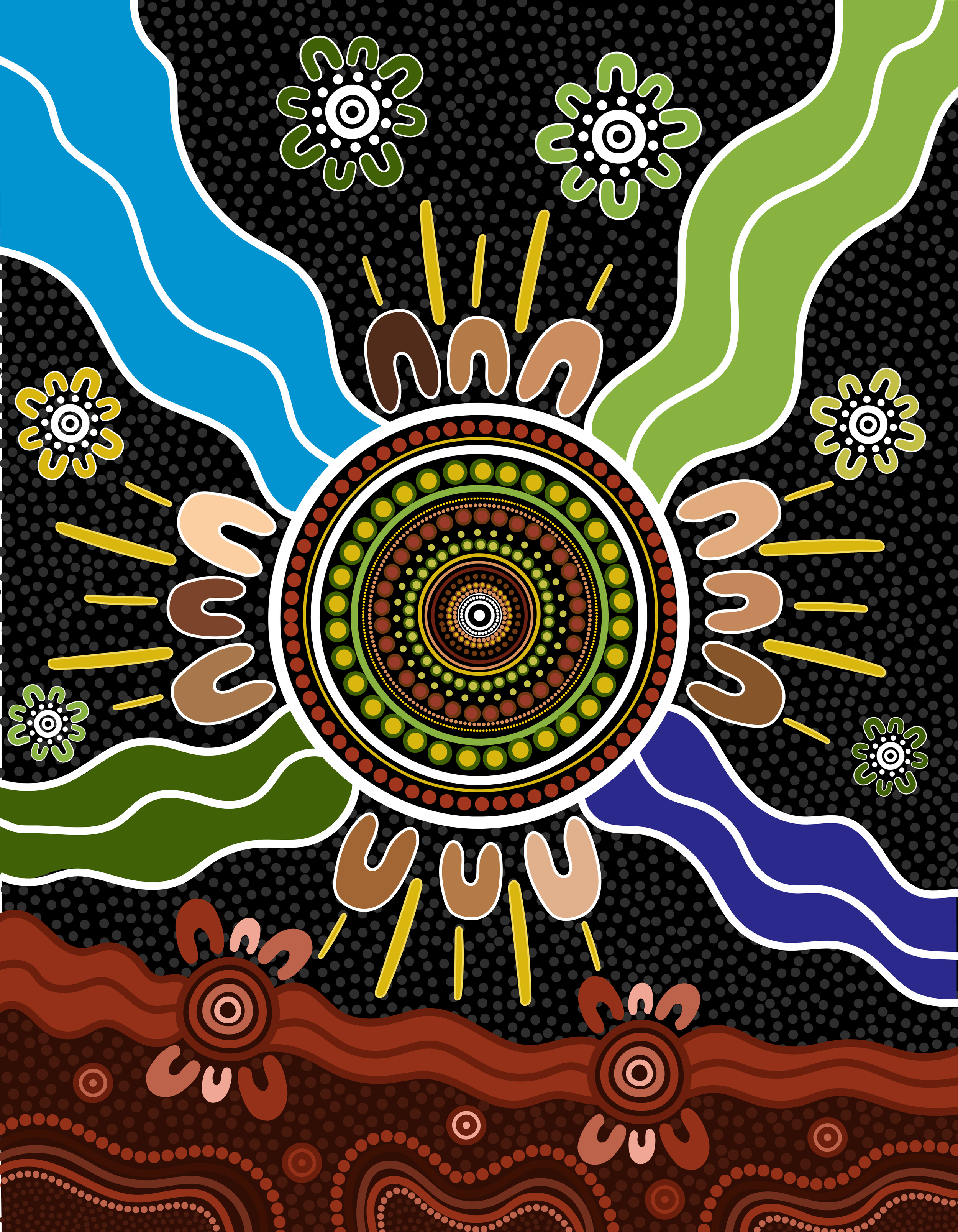 Abstract pattern featuring concentric circles at the center, radiating lines, and floral motifs in various colors including green, blue, brown, black, and red, with dotted backgrounds.