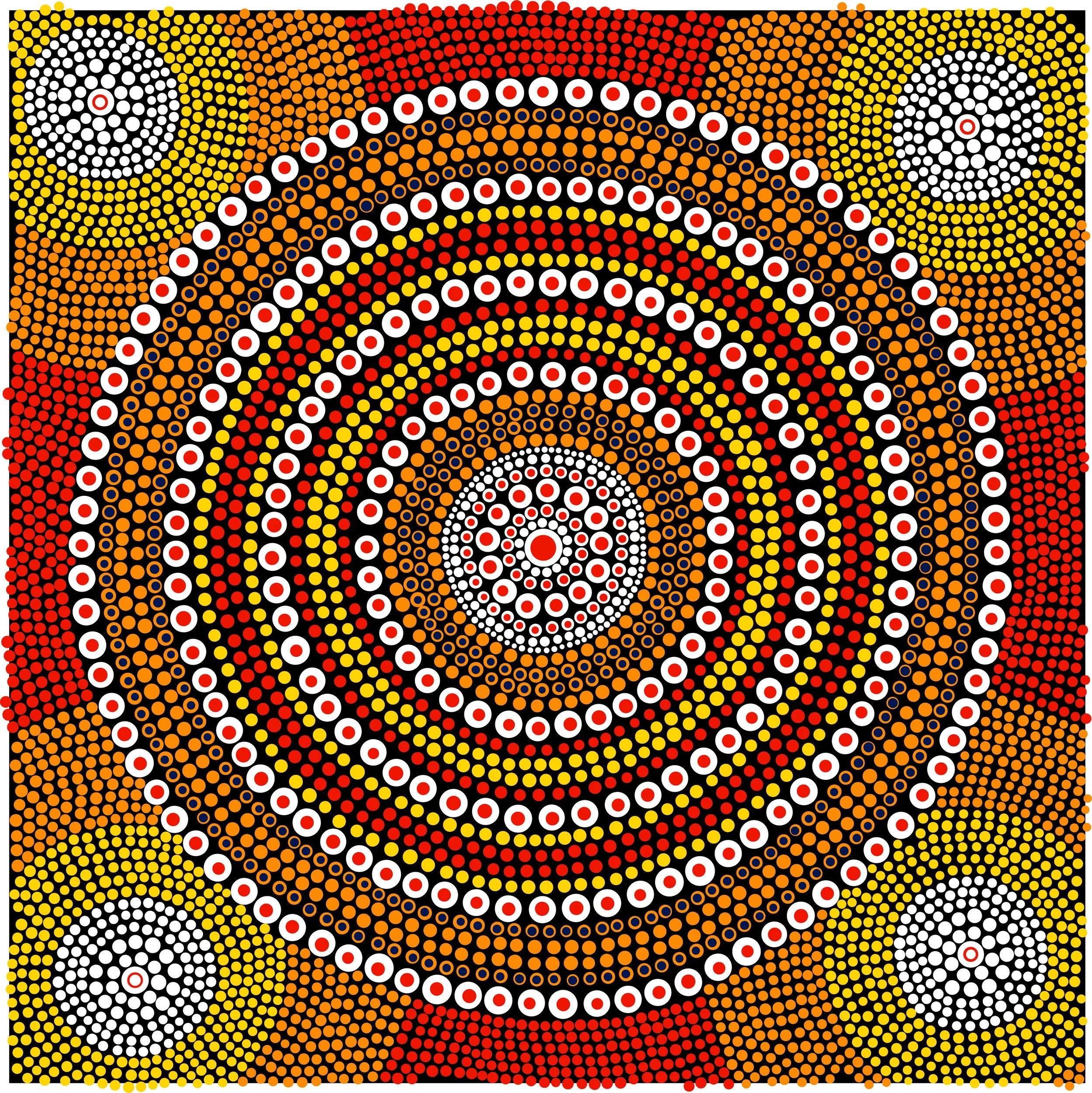 Aboriginal dot painting artwork with concentric circles and circular patterns in red, orange, yellow, black, and white colors.