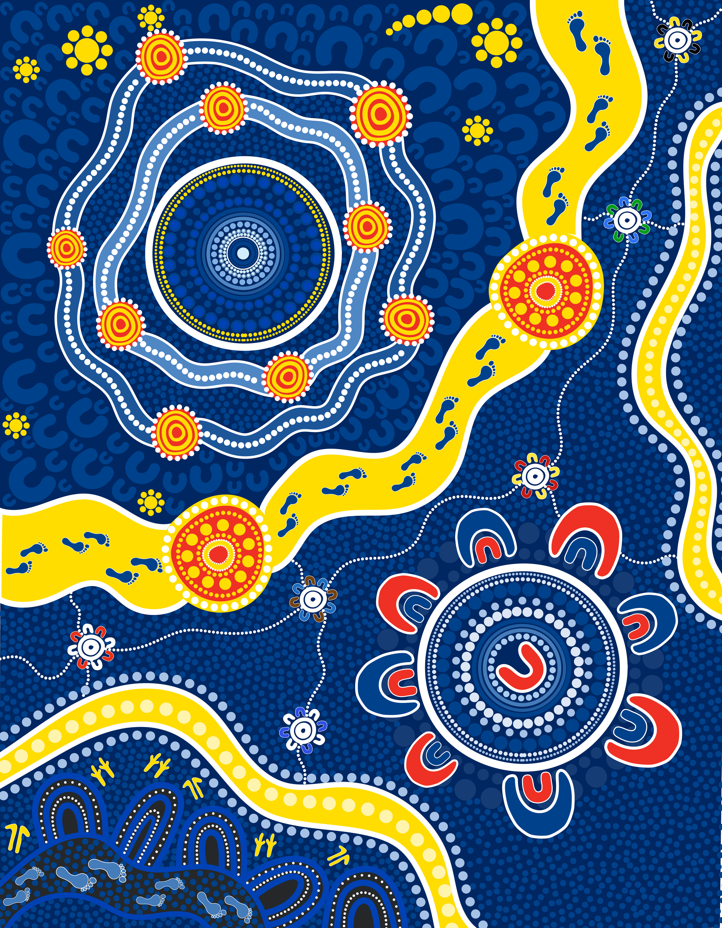 An abstract Indigenous Australian Aboriginal dot painting with concentric circles, wavy lines, and symbolic motifs in vibrant colors like yellow, red, white, and blue, representing cultural symbols and traditional storytelling.