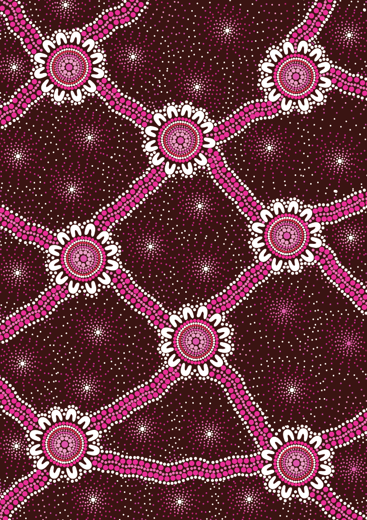 Indigenous Australian Aboriginal dot painting with interconnected circular patterns in pink, white, and purple on a dark background.