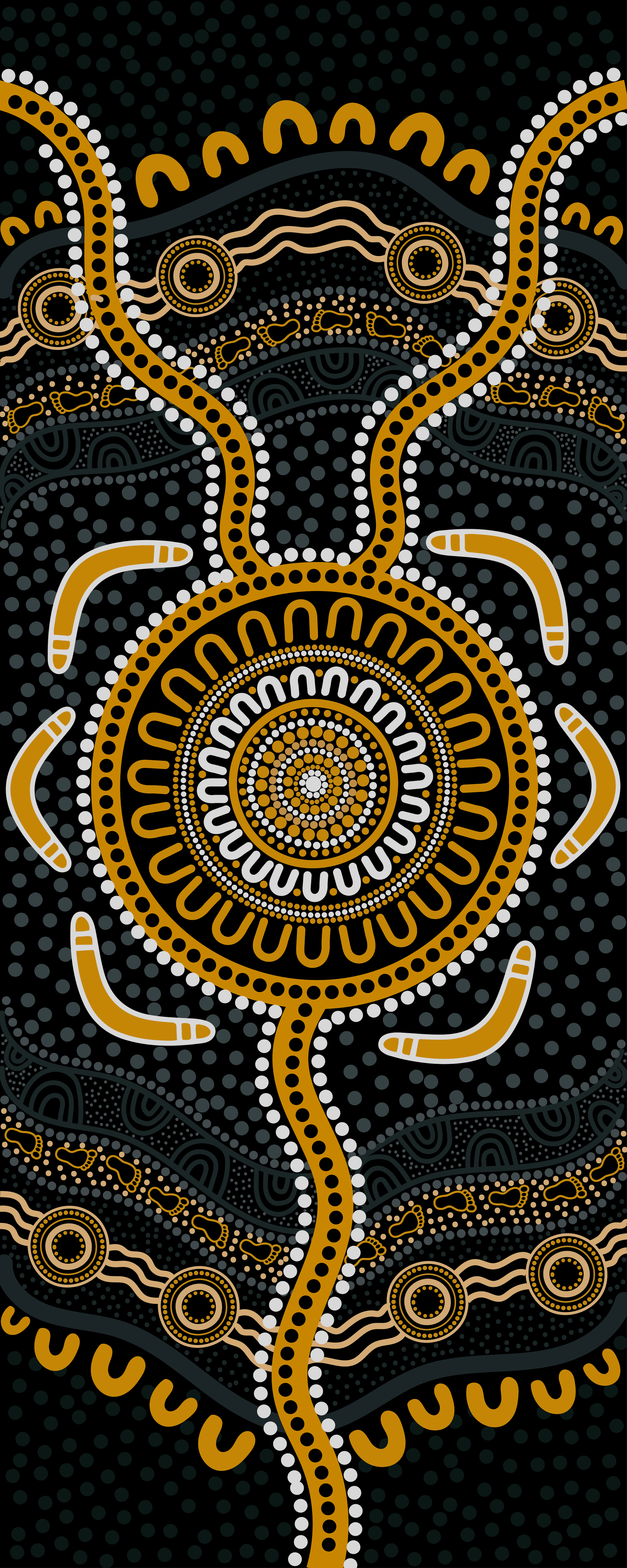 Australian Indigenous dot painting with concentric circles, lines, and patterns in black, white, and ochre colors.