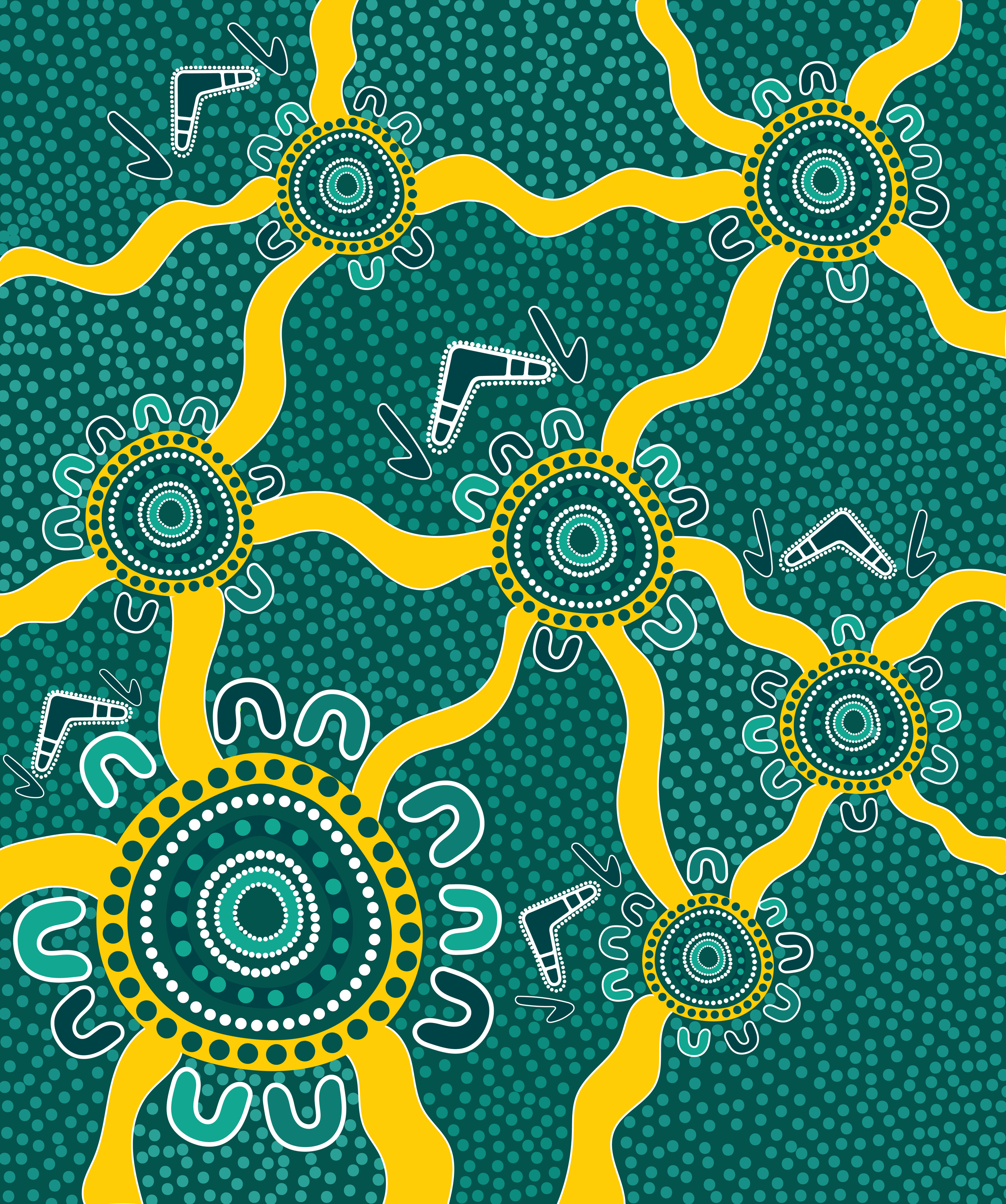 A colorful drawing of interconnected circles with yellow and black patterns, surrounded by dotted teal background with white outlined medicine bottles with straws.