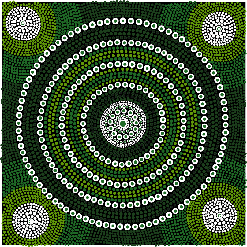 Dot art pattern with concentric circles and four smaller circular designs in each corner, primarily in black, white, and green colors.