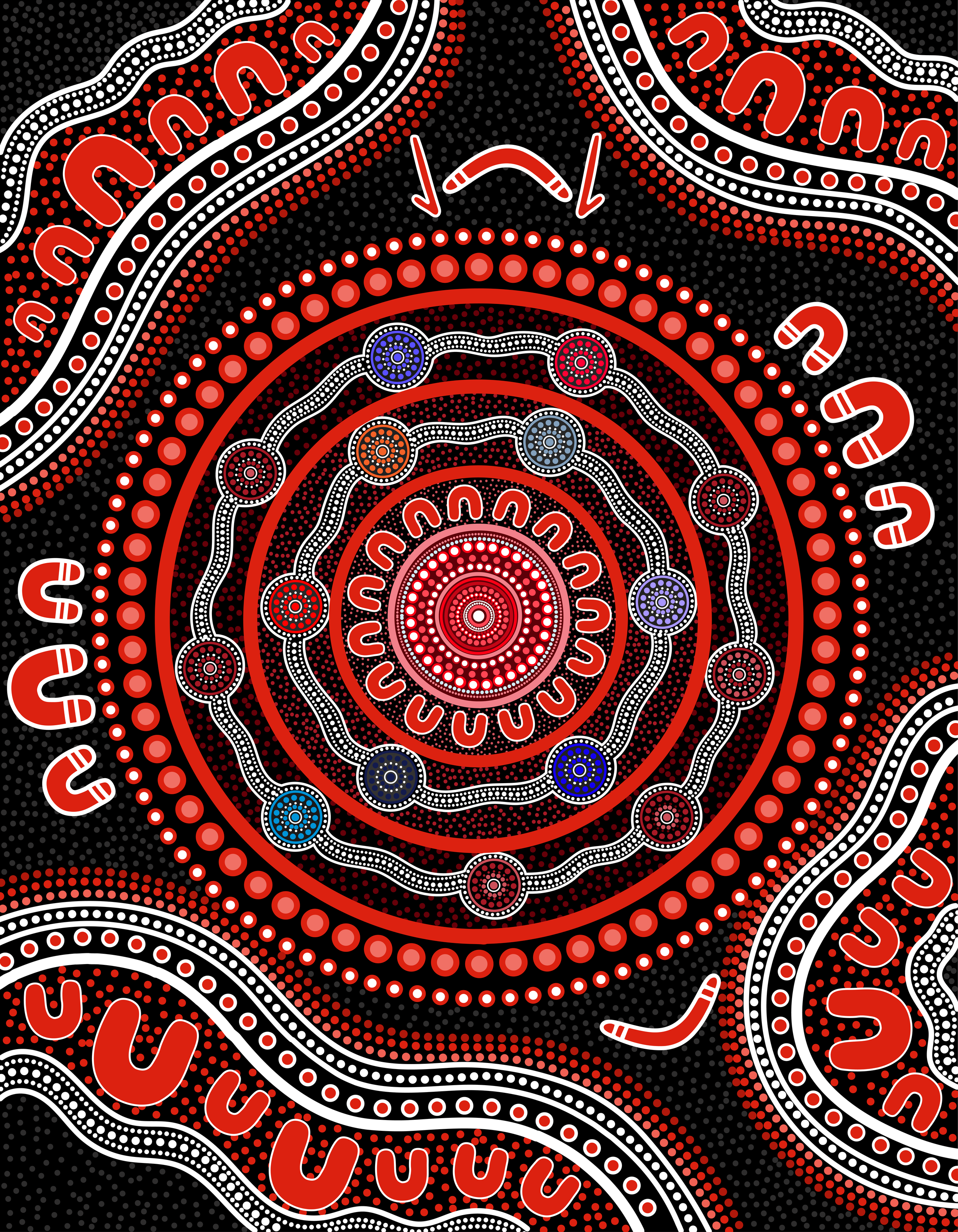 An Aboriginal-style painting featuring concentric circles, lines, and patterns in red, white, black, blue, and orange colors, with dotted designs and curved shapes.