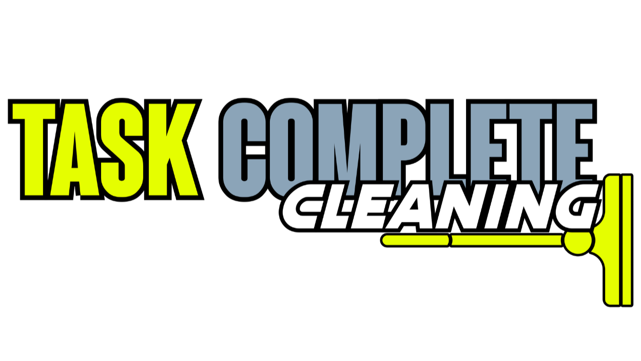 The text 'Task Complete Cleaning' with the word 'Task' in bright yellow, 'Complete' in light blue, and 'Cleaning' in white, alongside a bright yellow vacuum cleaner nozzle graphic.